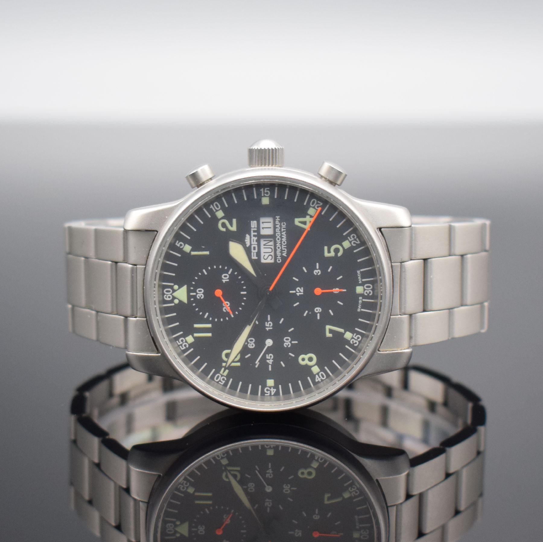 FORTIS Herrenarmbanduhr mit Chronograph, Schweiz um 1995, Automatik, beids. vergl. Gehäuse, Boden geschr., Gliederband m. Faltschl., schwarzes ...