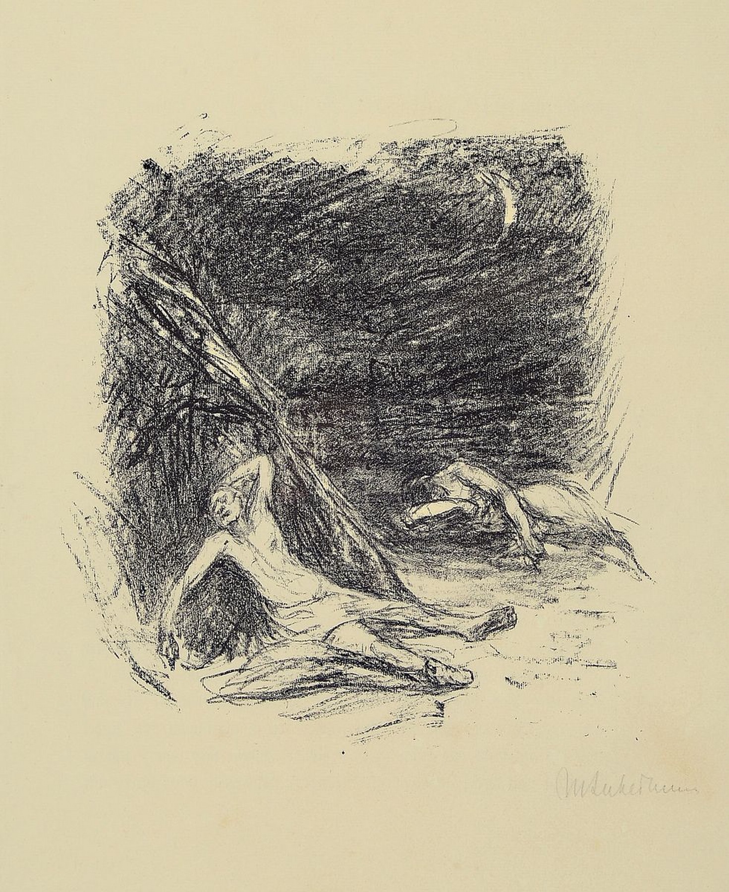 Max Liebermann, 1847 Berlin-1935 ebenda, Lithographie, nächtliche Figurenkomposition, rechts unten signiert, unter Glas gerahmt, ca.42x30/54x44 cm