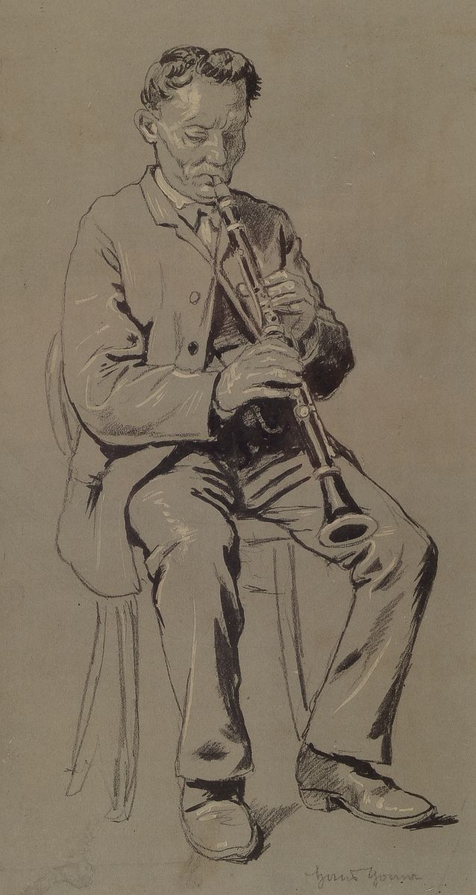 Hans Thoma, 1839 Bernau - 1924 Karlsruhe, Zeichnung weiß gehöht, Klarinettenspieler, auf grauem Papier, re. u. handsigniert, ca. 32.5 x 17 cm, ...