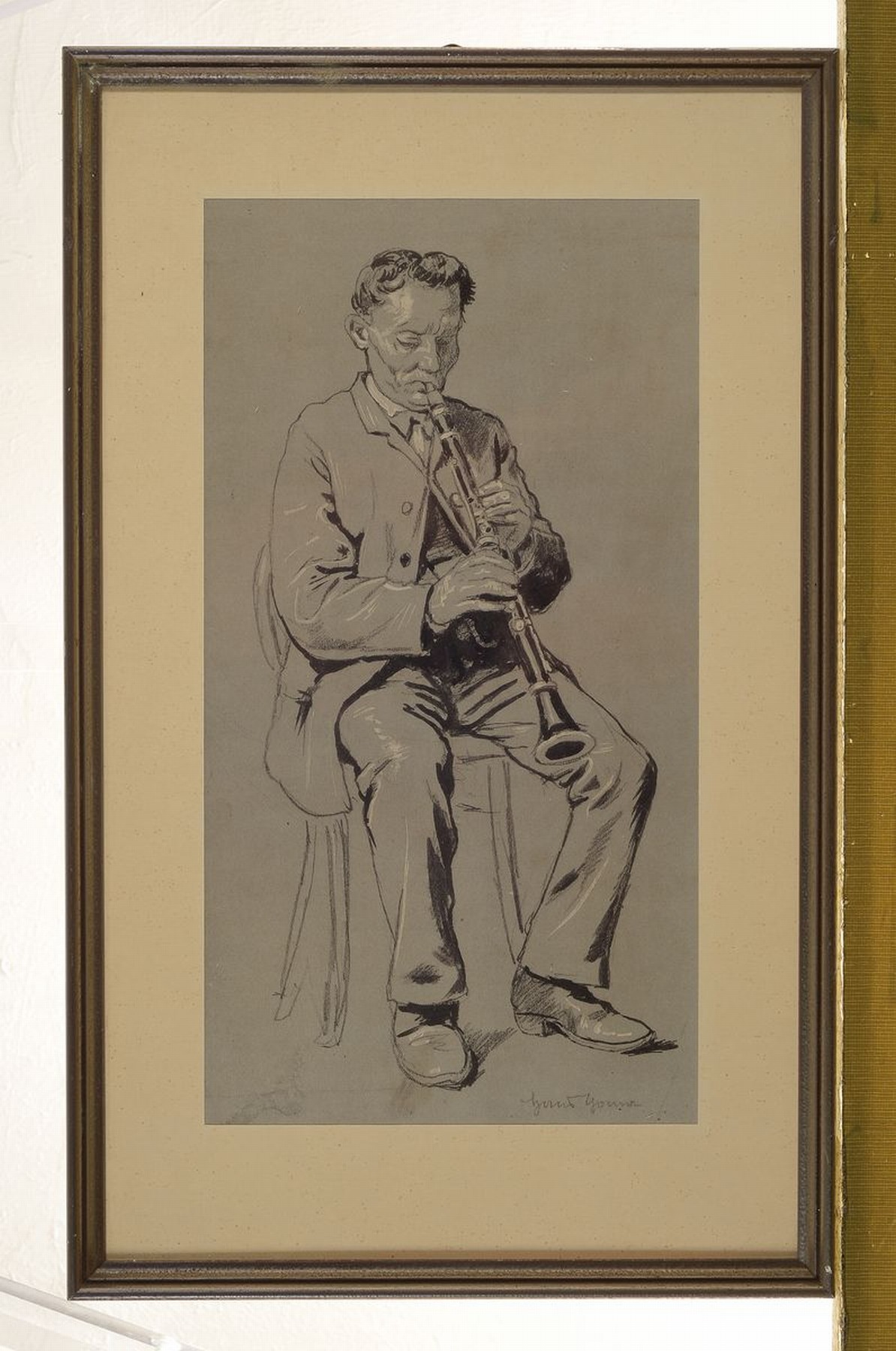 Detail k: Hans Thoma, 1839 Bernau - 1924 Karlsruhe, Zeichnung weiß gehöht, Klarinettenspieler, auf grauem Papier, re. u. handsigniert, ca. 32.5 x 17 cm, ...