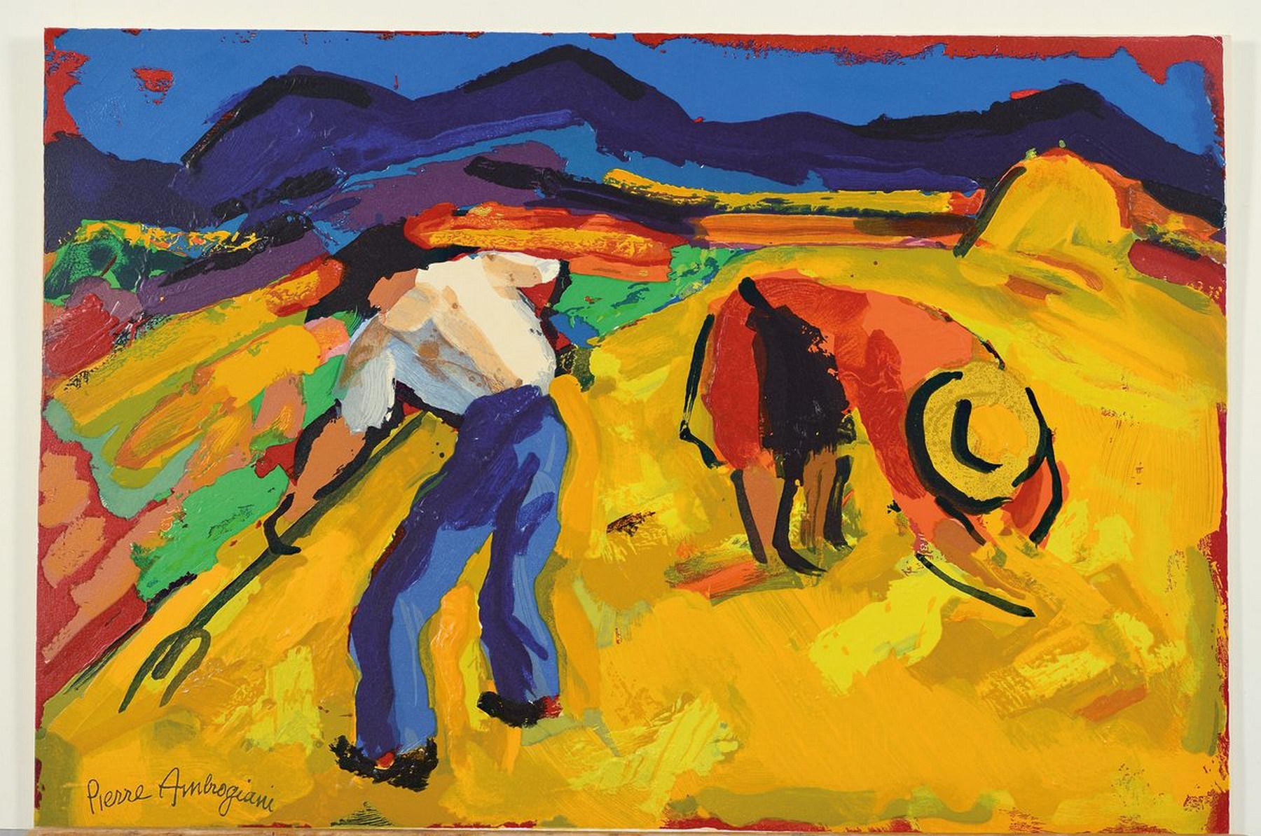 Detail k: Pierre Ambrogiani, 1907-1985, "Les Faucheurs , Farbholzstich, links unten sign., Drucker/Verlag: Raymond Jacquet, Paris, ca. 34x51 cm