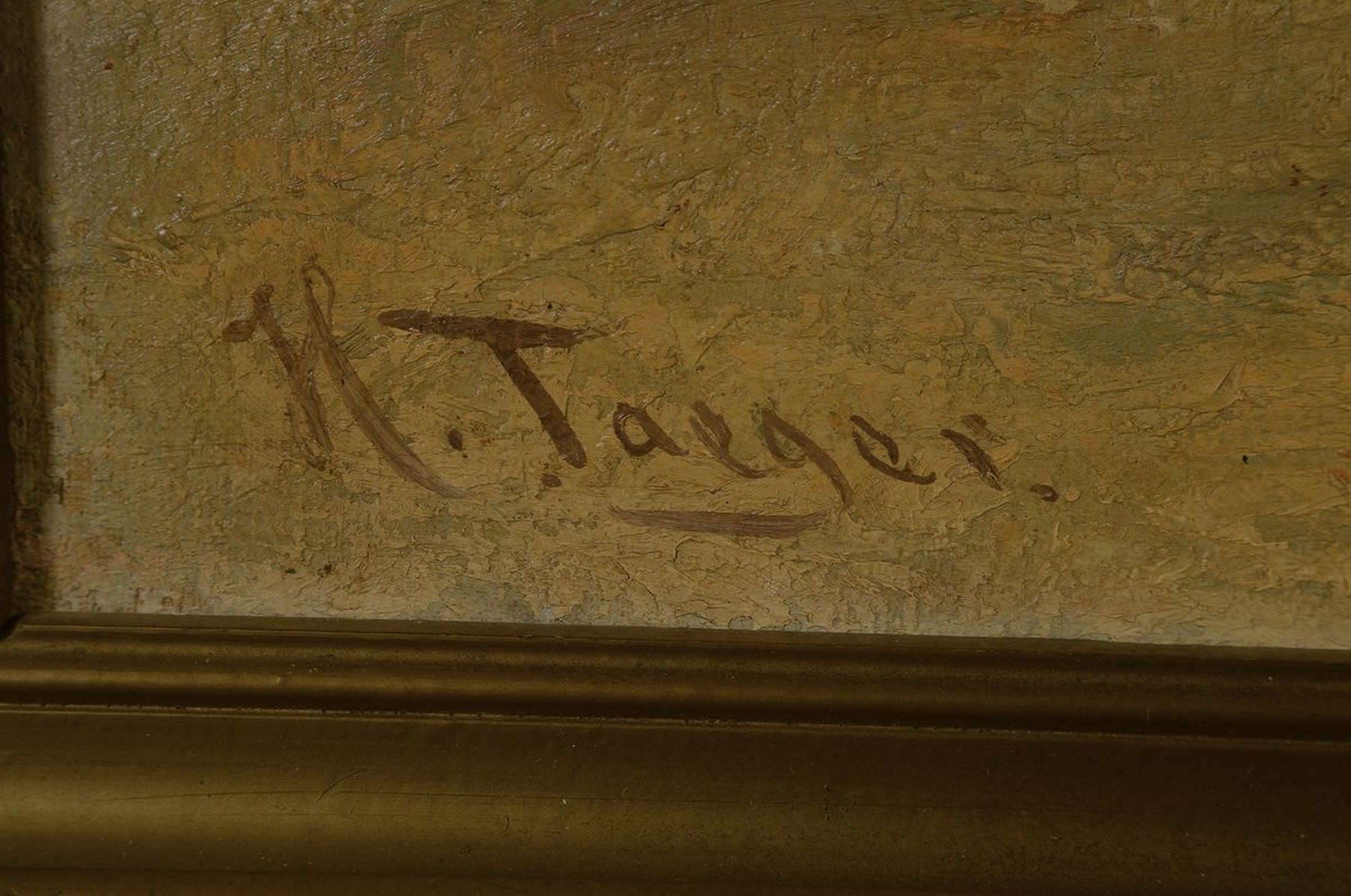 Detail a: Karl Hans Taeger, 1856 Neustadt/Sachsen- 1937 Langebrück/Dresden, Darstellung eines Fuchs in Winterlandschaft, Öl/Lwd, mittig mit kleinen ...