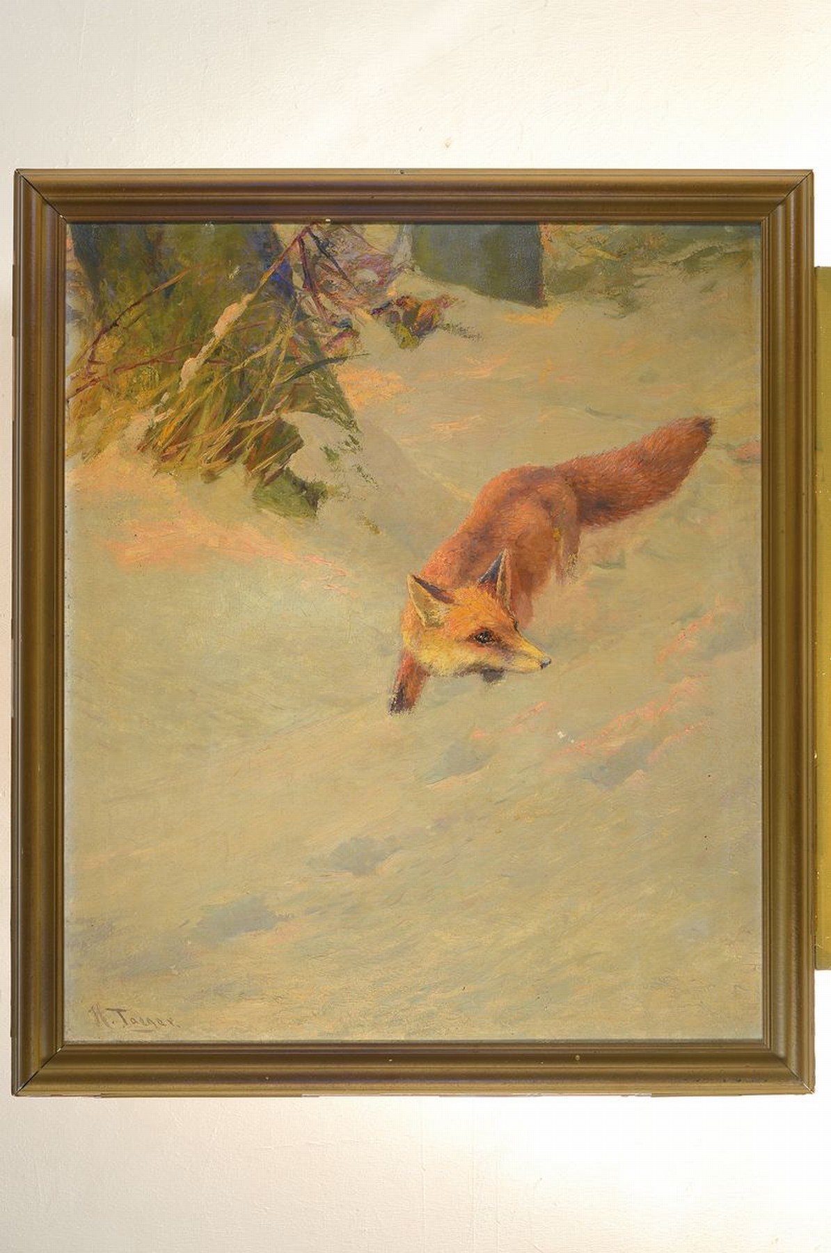 Detail k: Karl Hans Taeger, 1856 Neustadt/Sachsen- 1937 Langebrück/Dresden, Darstellung eines Fuchs in Winterlandschaft, Öl/Lwd, mittig mit kleinen ...