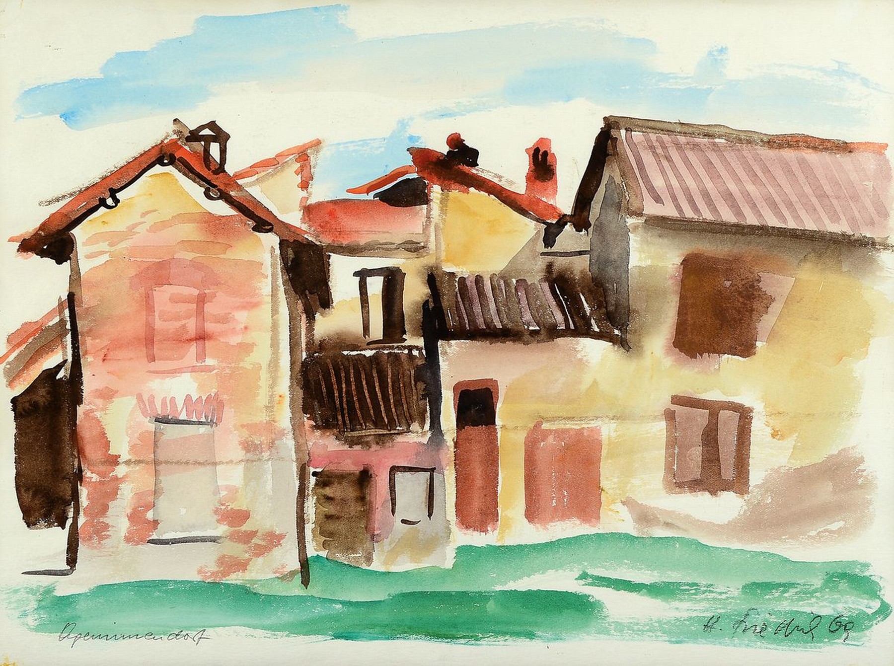 Heinz Friedrich, 1924-2018 Schwetzingen, Häuseransicht, Aquarell rechts unten signiert und datiert (19)69, links u.bezeichnet , unter Glas gerahmt, ...