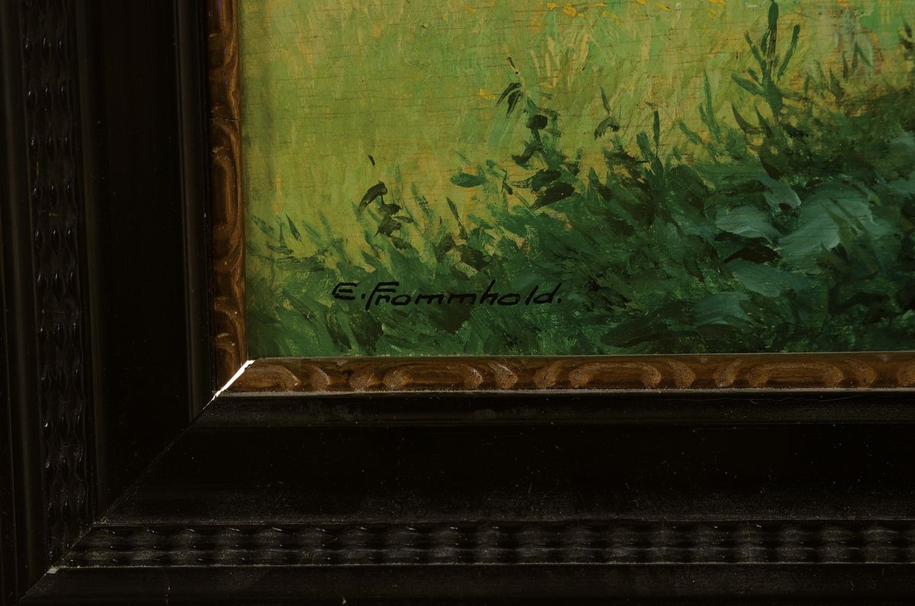 Detail a: Ernst Fromhold, 1879 Leipzig - 1955 Alpspitze, Wiesenlandschaft, Öl/Holz, rückseitig bez. b. Klitschen, li. u. signiert, ca. rückseitig altes ...