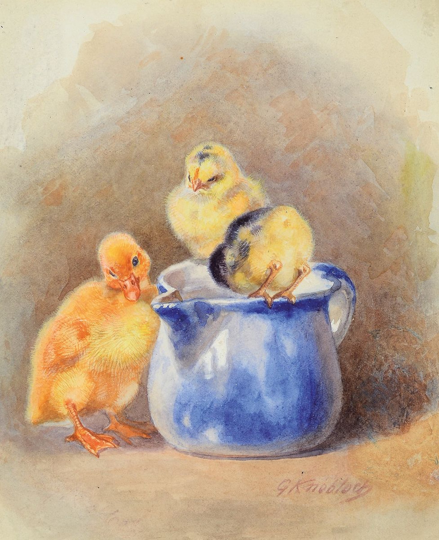 Gertrude Frommhold, 1879 - 1955, drei Küken am Milchtöpfchen, Aquarell/Papier, re. unten signiert, ca. 17 x 13.5 cm, unter Glas, Rahmen ca. 24 x 17 ...