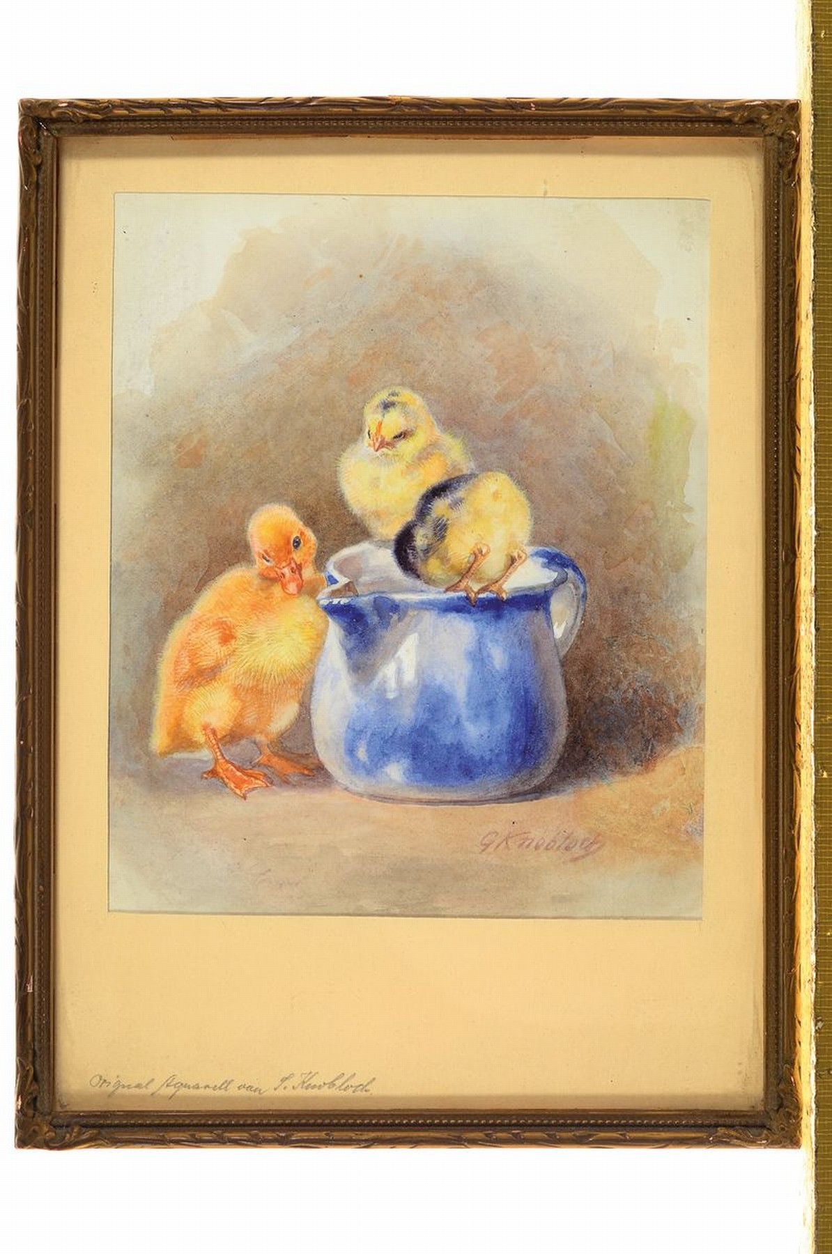 Detail k: Gertrude Frommhold, 1879 - 1955, drei Küken am Milchtöpfchen, Aquarell/Papier, re. unten signiert, ca. 17 x 13.5 cm, unter Glas, Rahmen ca. 24 x 17 ...