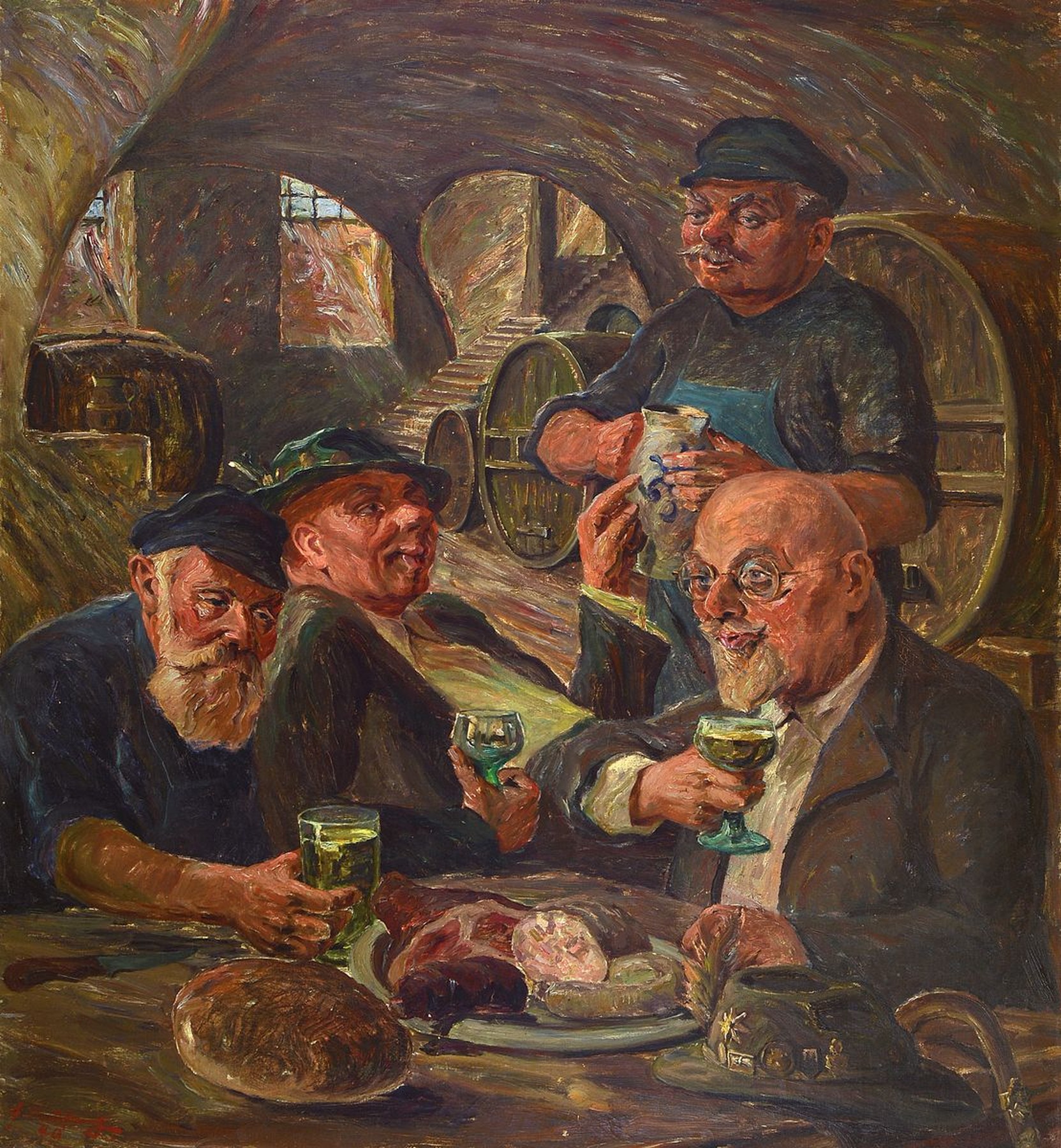 Heinrich Neufang, 1897 Saarbrücken-1956 München, vier Männer im Weinkeller, Öl/Lwd, links unten signiert, ca. 100x92cm, R. ca. 110x102cm