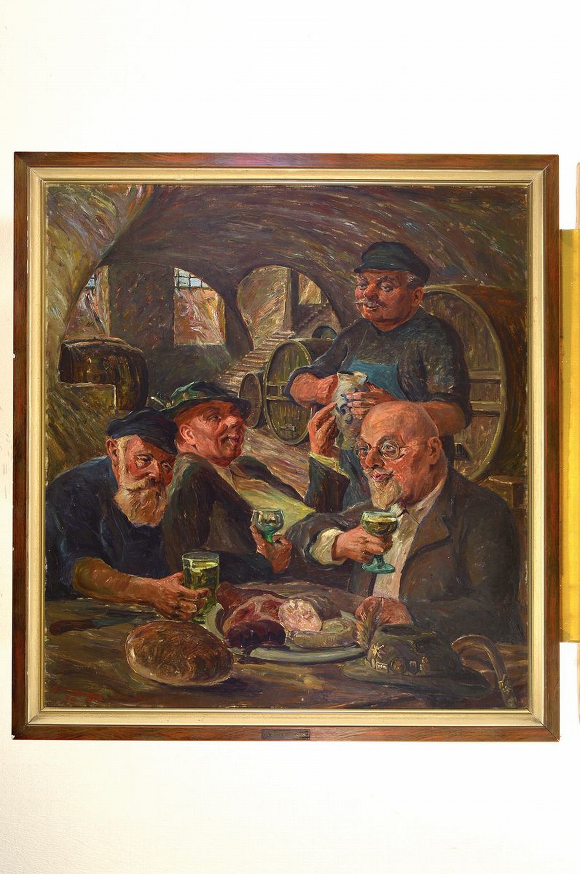 Detail k: Heinrich Neufang, 1897 Saarbrücken-1956 München, vier Männer im Weinkeller, Öl/Lwd, links unten signiert, ca. 100x92cm, R. ca. 110x102cm