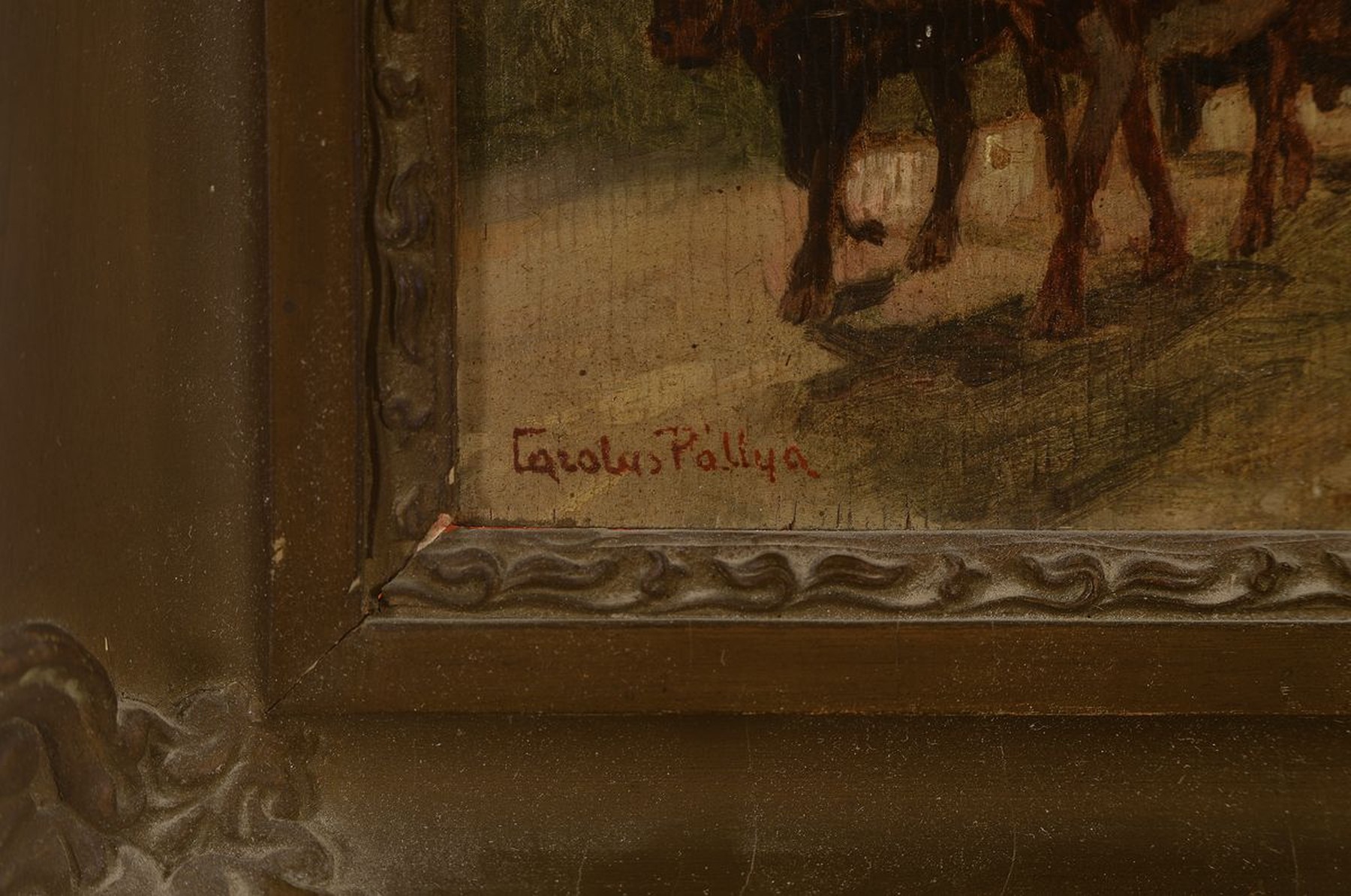 Detail a: Carolus Pallya, 1875-1930, Tschechischer Genre- und Tiermaler, bekannt für seine Marktszenen mit Schwerpunkt auf die Fuhrwerke, hier: Ochsenfuhrwerk ...