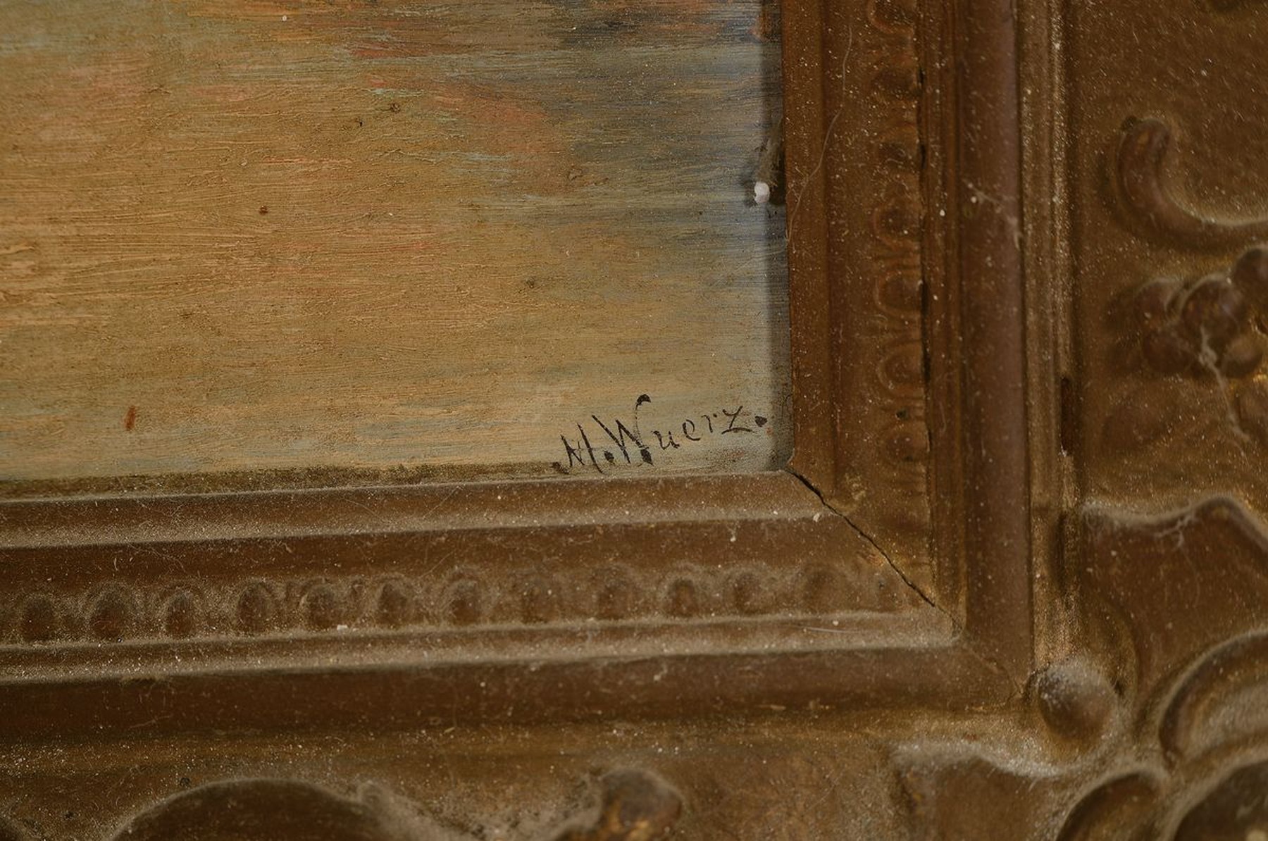 Detail a: M. Wuerz, Künstler des 19.Jh., norwegische Fjordlandschaft, rechts unten signiert, Prunkrahmen mit reichem Blütendekor, rest ./best., ca. ...