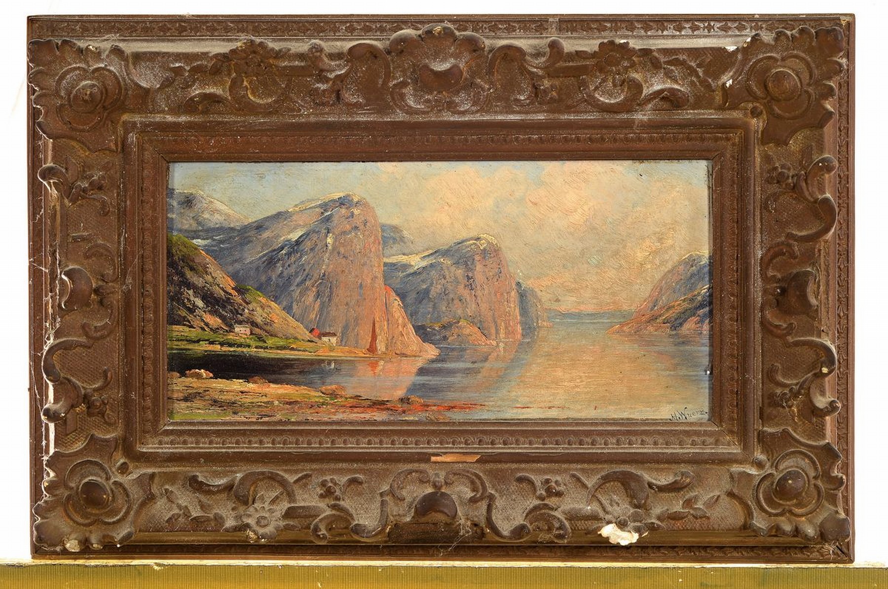 Detail k: M. Wuerz, Künstler des 19.Jh., norwegische Fjordlandschaft, rechts unten signiert, Prunkrahmen mit reichem Blütendekor, rest ./best., ca. ...