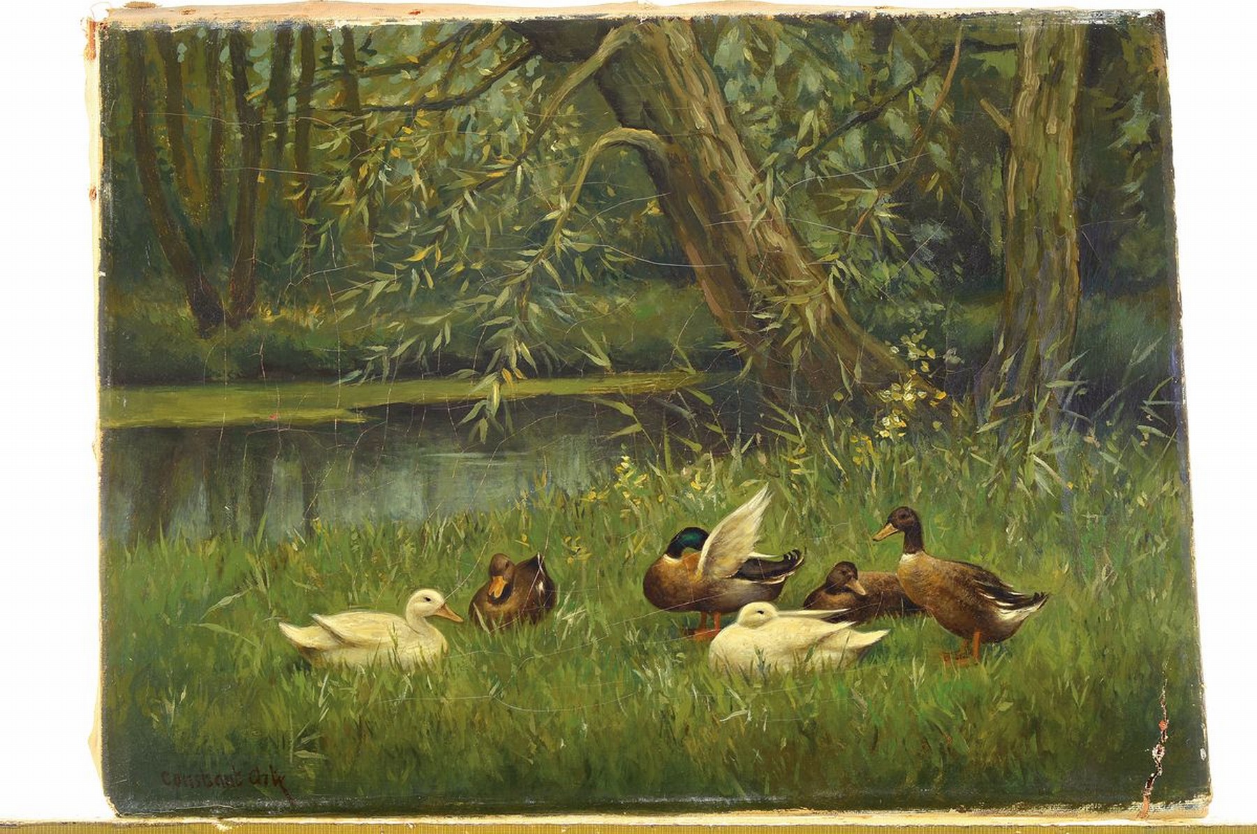 Detail k: Umkreis des Constant Artz (1870-1951), Entengruppe am Teich, Sujet nach Franz Grässel (1861-1948), links unten (nicht überzeugend) signiert, ...