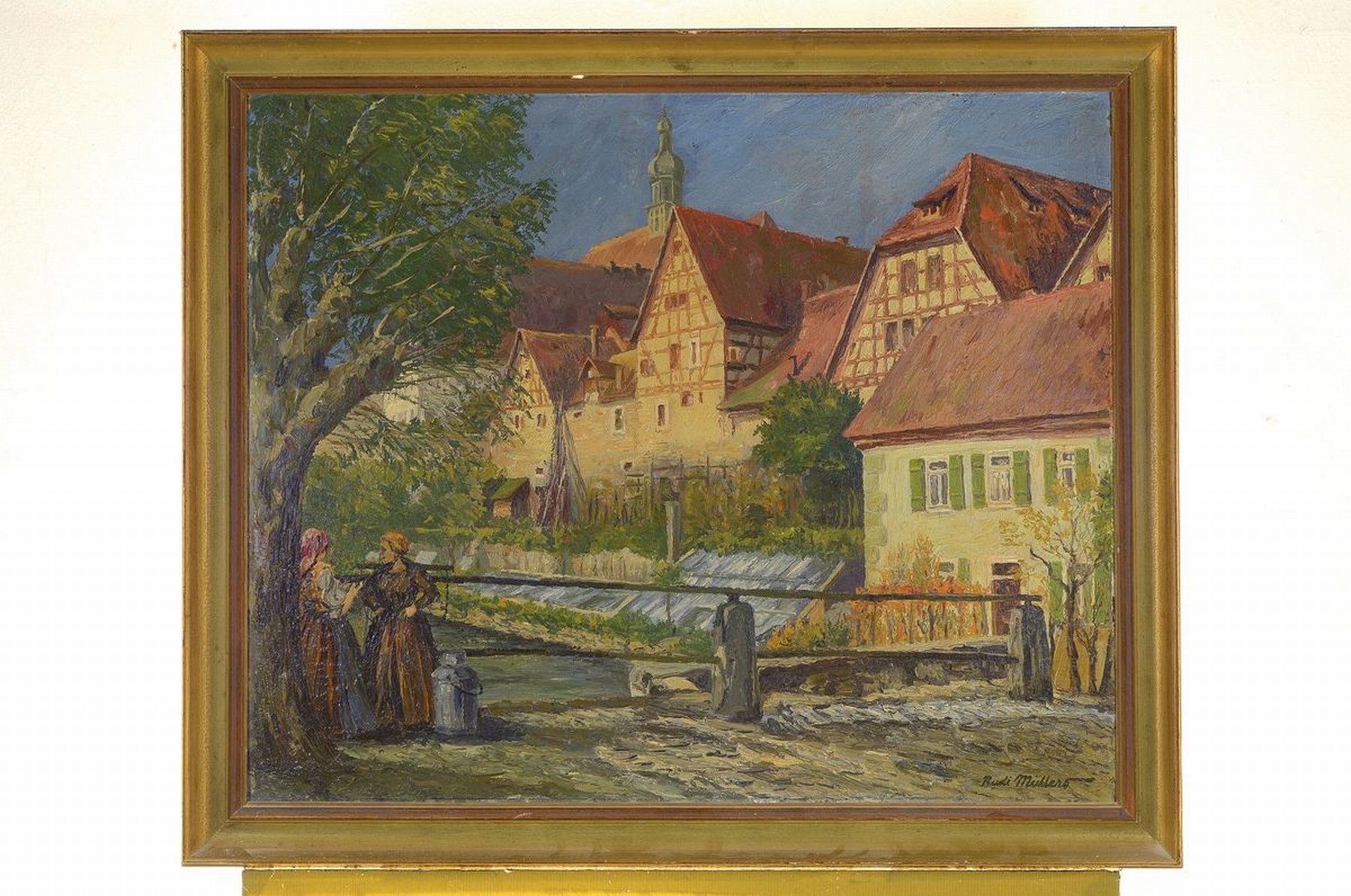 Rudi Müllers, 1895 Mannheim-1972 Heidelberg, Blick über das Wehr auf Besigheim, im Hintergrund der aufsteigende Dachreiter des Rathauses, ...