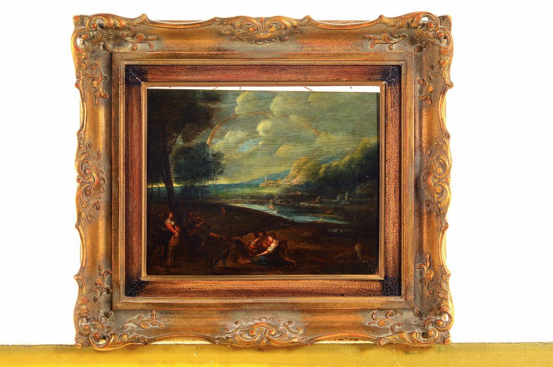 Detail k: Unbekannter Künstler, Niederlande, 19. Jh., Romantische Landschaft mit Regenbogen und Personen, Öl/Holz, unsigniert, ca. 20x25cm, R. ca. 33x38cm
