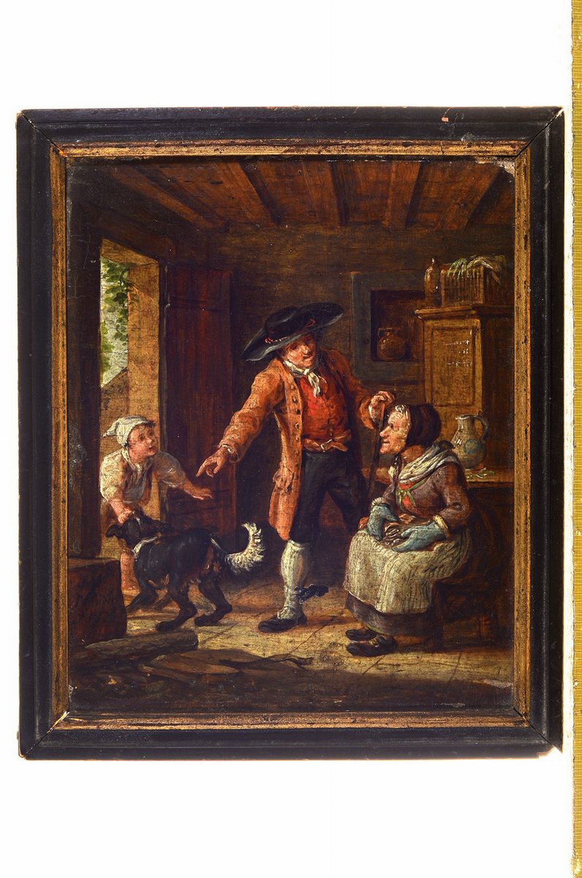 Unbekannter niederländischer Künstler, um 1820/30, zwei Pendants in der Stube, Ehepaar beim Geldzählen mit Kleinkind und Großmutter mit Mann, ...