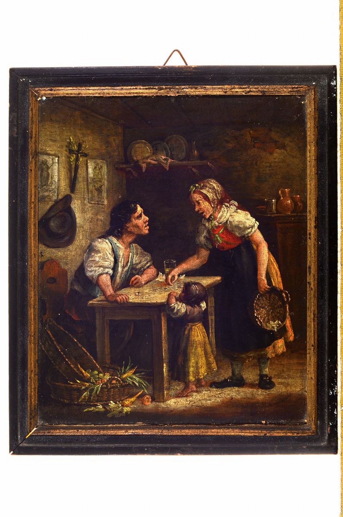 Detail l: Unbekannter niederländischer Künstler, um 1820/30, zwei Pendants in der Stube, Ehepaar beim Geldzählen mit Kleinkind und Großmutter mit Mann, ...