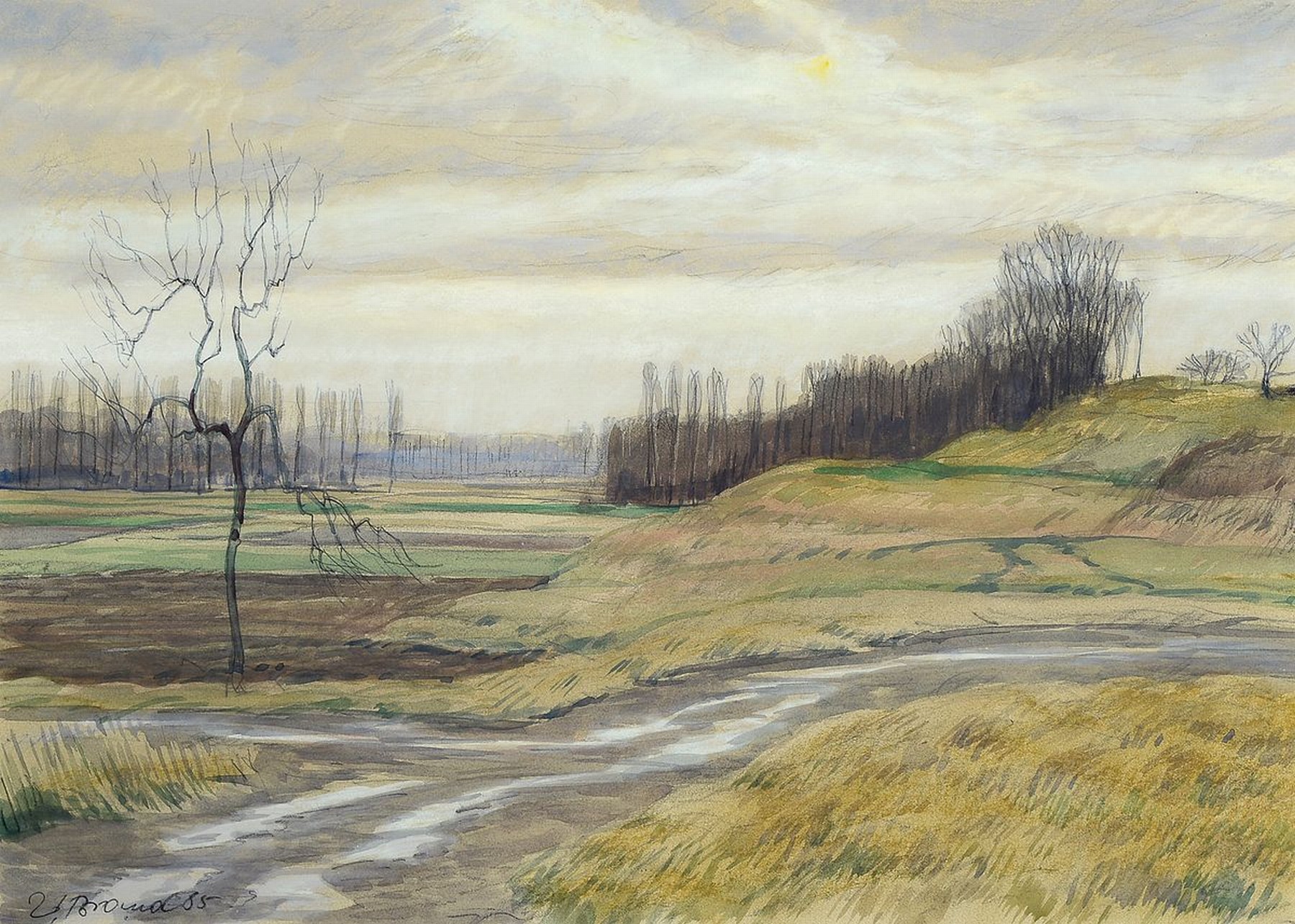Werner Brand, geb. 1933, lebt und arbeitet in der Pfalz, hier: Altrhein-Landschaft, Aquarell auf Papier, links unten signiert und datiert (19)85, ...