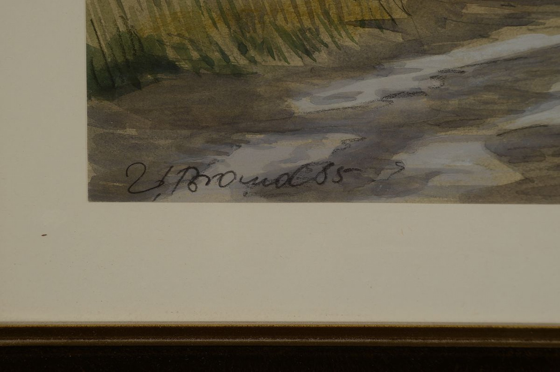 Detail a: Werner Brand, geb. 1933, lebt und arbeitet in der Pfalz, hier: Altrhein-Landschaft, Aquarell auf Papier, links unten signiert und datiert (19)85, ...