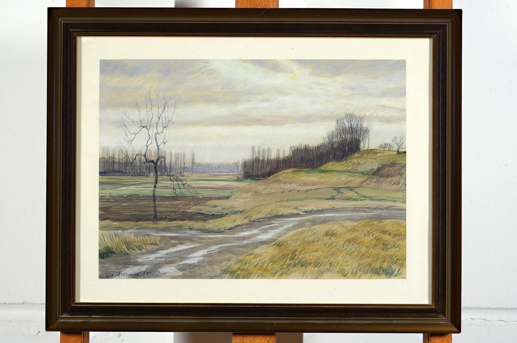 Detail k: Werner Brand, geb. 1933, lebt und arbeitet in der Pfalz, hier: Altrhein-Landschaft, Aquarell auf Papier, links unten signiert und datiert (19)85, ...
