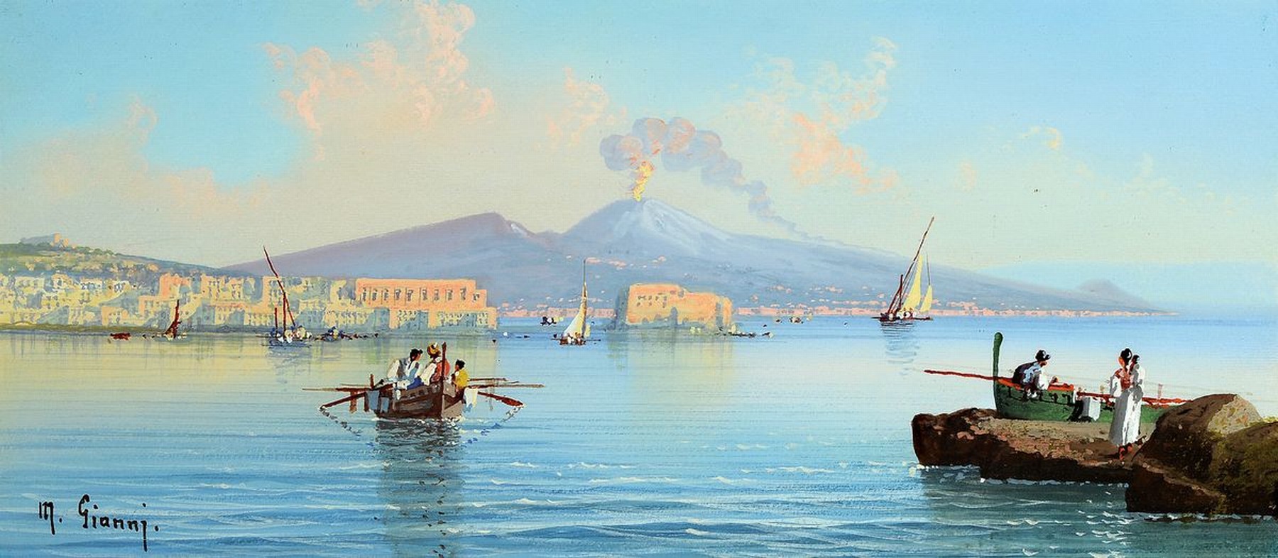 Maria Gianni, 1873 - 1956,Küste von Neapel mit Blick auf den Vesuv, Gouache/Papier, li. u. signiert, ca. 18 x 41 cm, unter Glas, Rahmen, ca. 33 x 54 ...