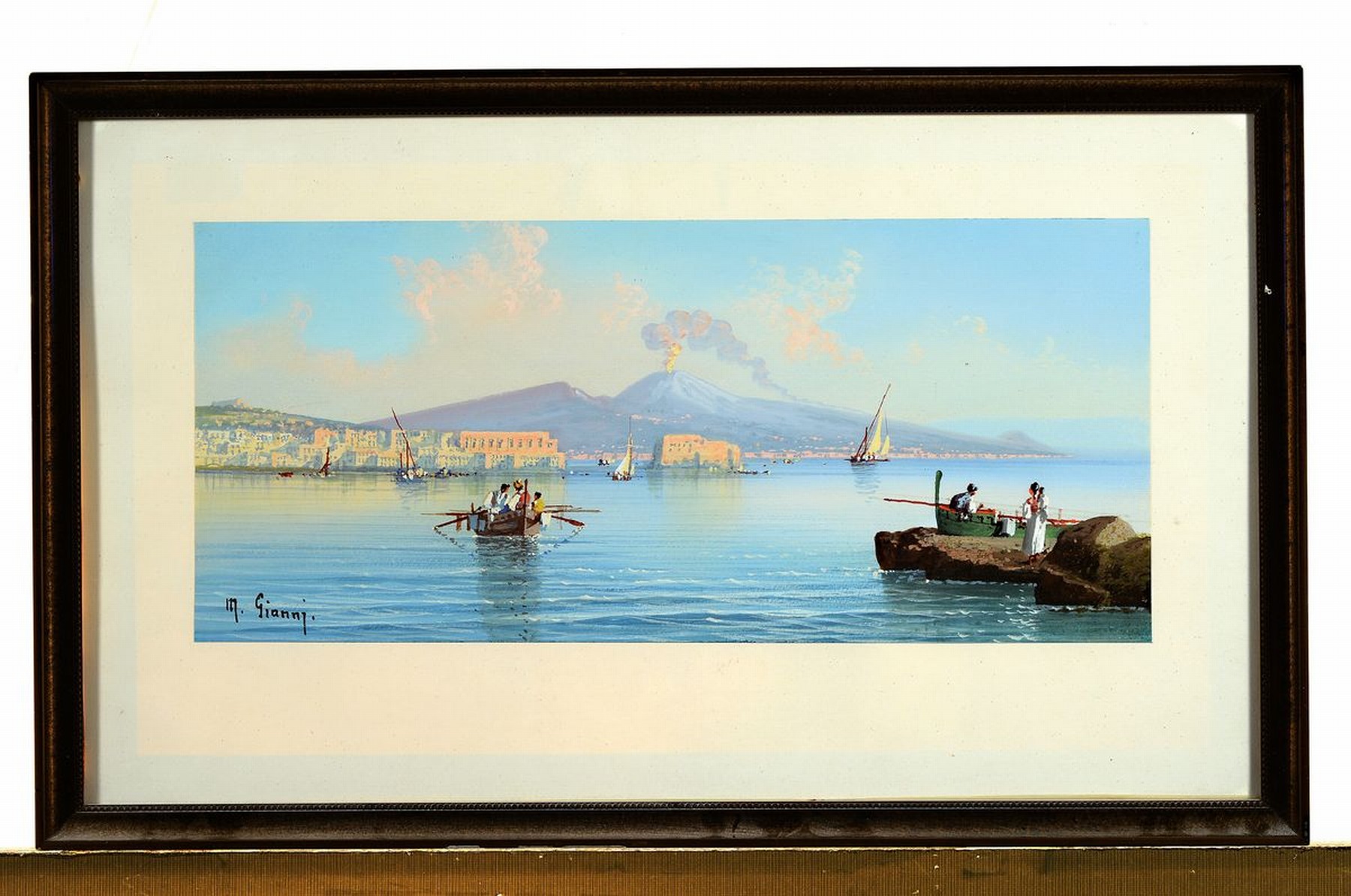 Detail k: Maria Gianni, 1873 - 1956,Küste von Neapel mit Blick auf den Vesuv, Gouache/Papier, li. u. signiert, ca. 18 x 41 cm, unter Glas, Rahmen, ca. 33 x 54 ...