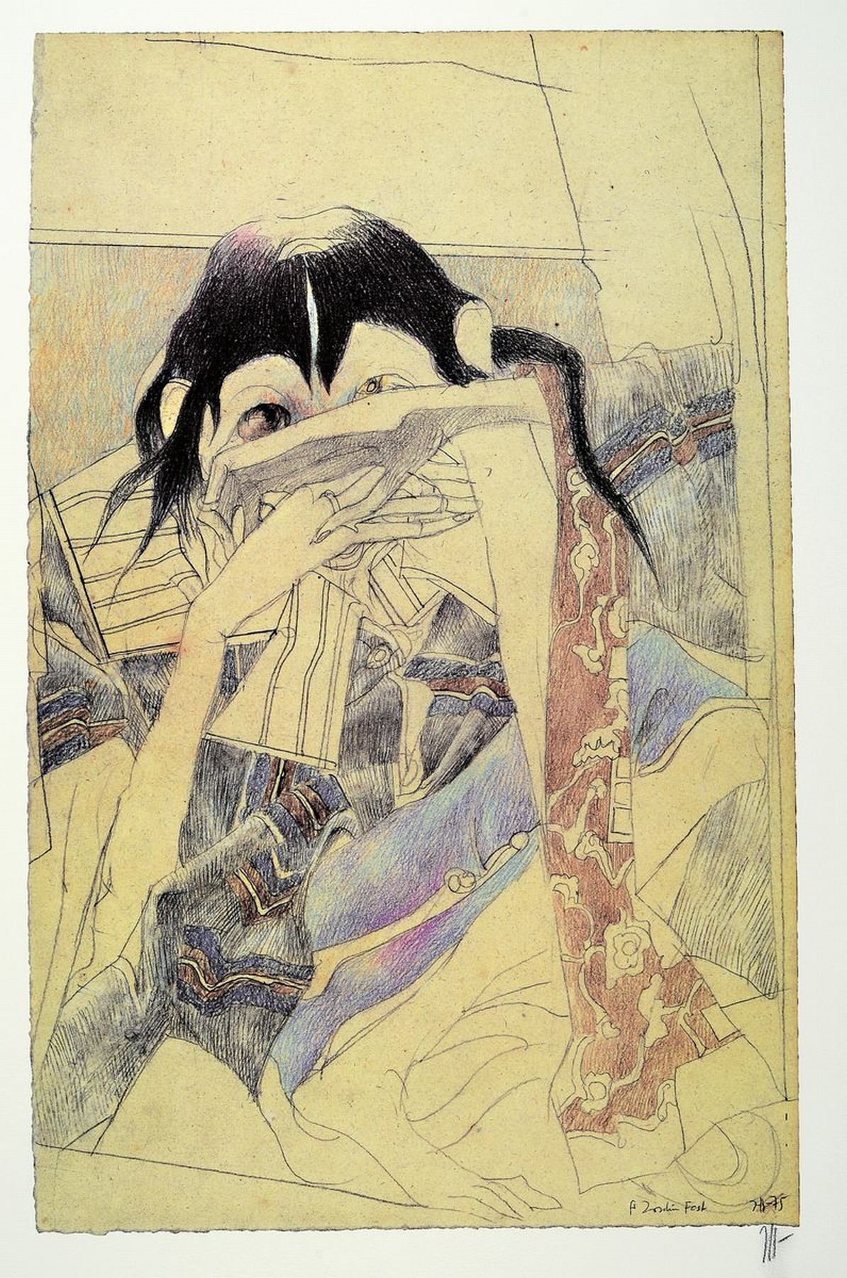 Detail b: Horst Janssen, 1929 - 1995, Mappe Utamaro, Bergfrau Yamauba und das Riesenkind Kintaro, Sieben Variationen zu Kitagawa Utamaro, Haarewaschen, ...