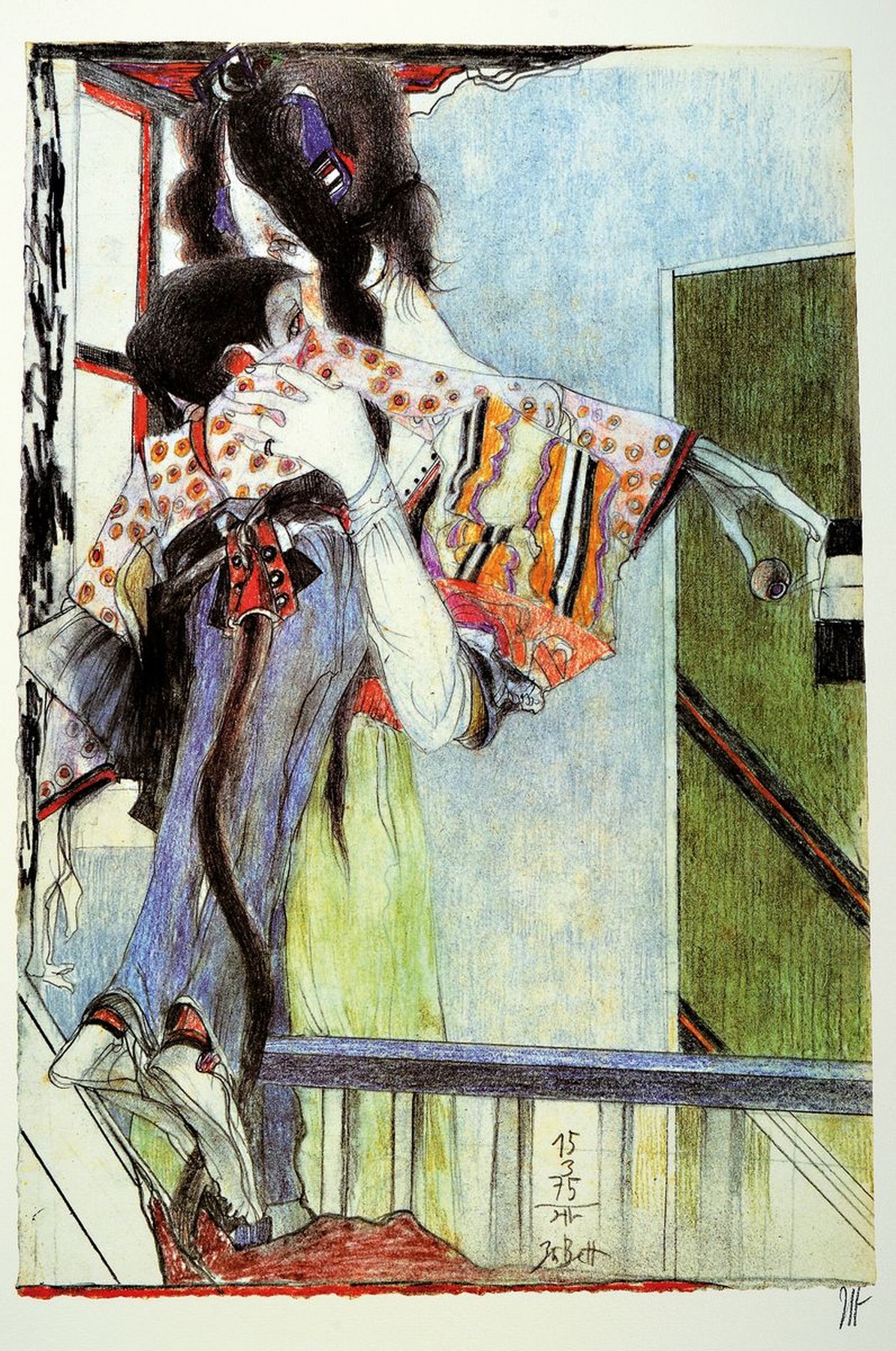 Detail l: Horst Janssen, 1929 - 1995, Mappe Utamaro, Bergfrau Yamauba und das Riesenkind Kintaro, Sieben Variationen zu Kitagawa Utamaro, Haarewaschen, ...