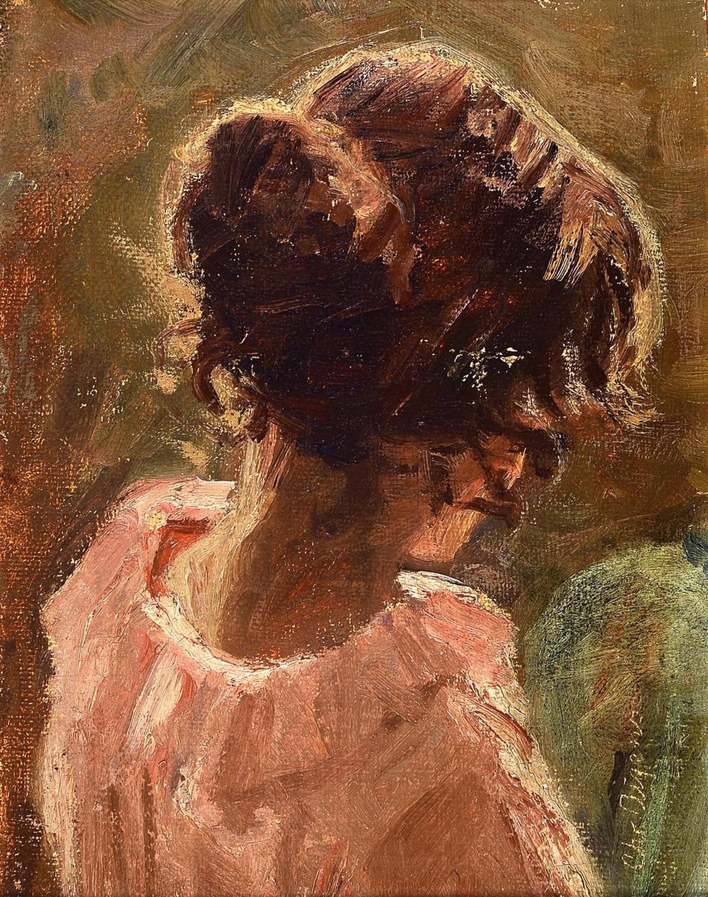 Christian Aigens, 1870-1940 Kopenhagen, Porträt einer jungen Frau von hinten, Öl/Holz, rechts unten signiert, ca. 33x26cm, R. ca. 43x36cm