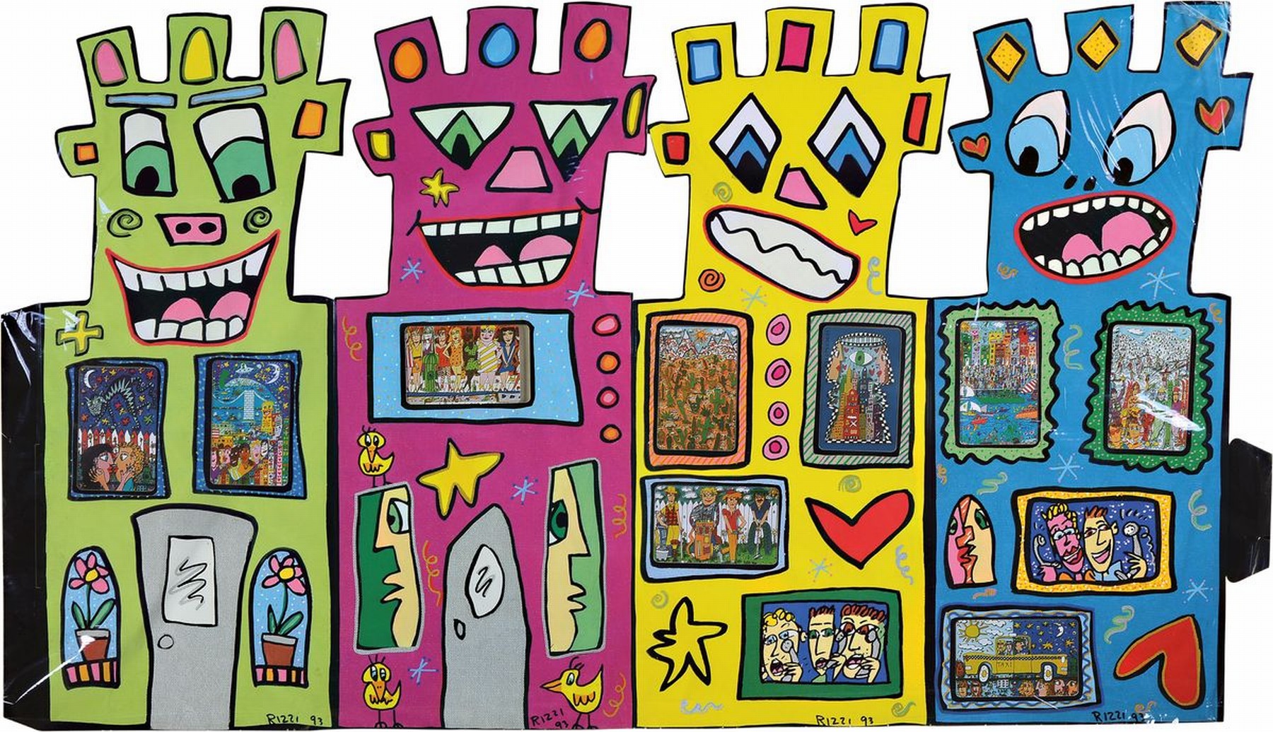 James Rizzi, 1950 - 2011, "Tower", Kartonage bunt bedruckt, mit neun Telefonkarten, 1993, ca. 50 x 85 cm