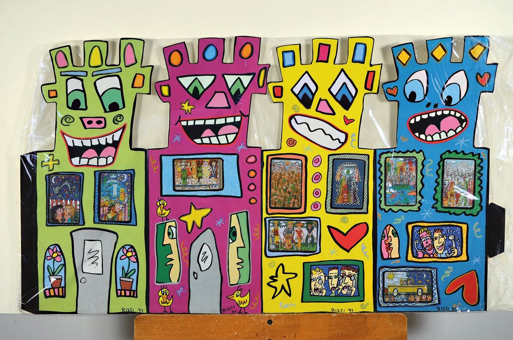 Detail k: James Rizzi, 1950 - 2011, "Tower", Kartonage bunt bedruckt, mit neun Telefonkarten, 1993, ca. 50 x 85 cm