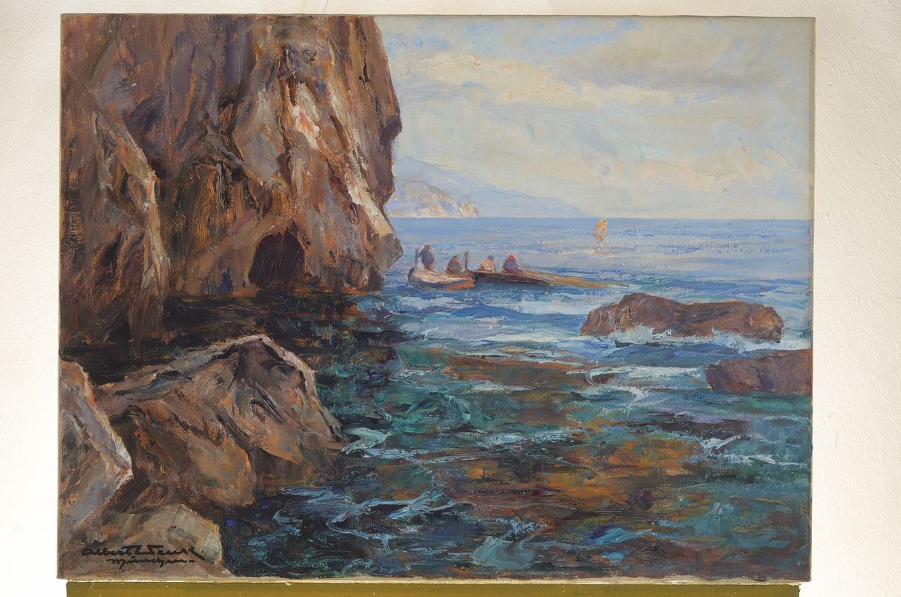 Detail k: Albert Wenk, 1863 Brühl-1934 München, Felsige Küstenlandschaft mit Fischerboot, Öl/Lwd, links unten signiert: Albert Wenk München, ca. 60x80cm