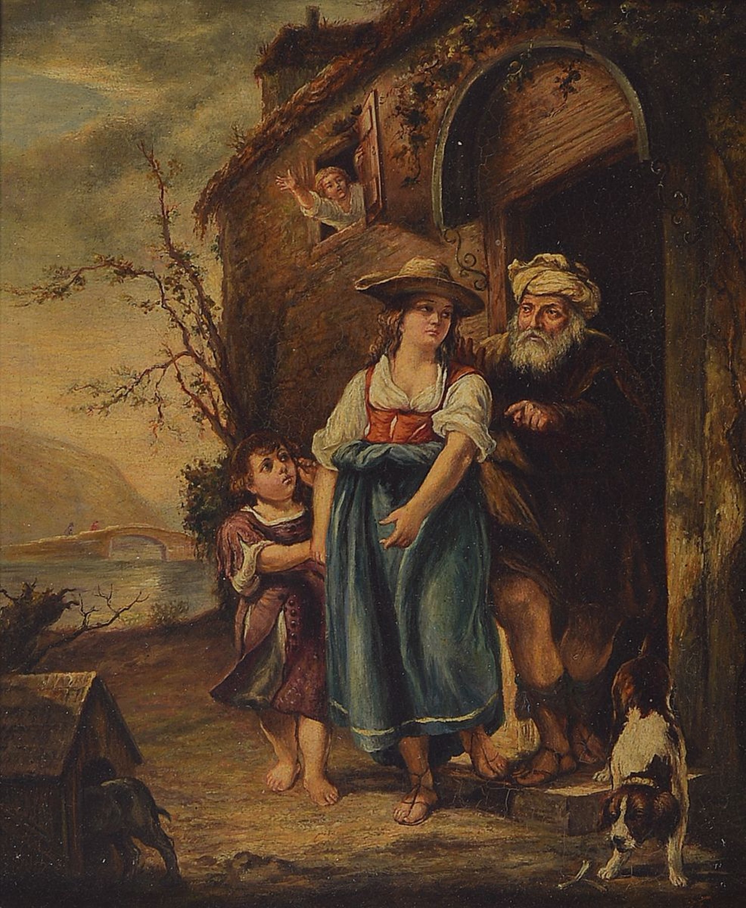 Unbekannter Künstler, Niederlande, um 1860-70, Die Vertreibung der Hagar, Öl/Kupfer, ca. 20x16cm, R. ca. 35x32cm, dieser besch.