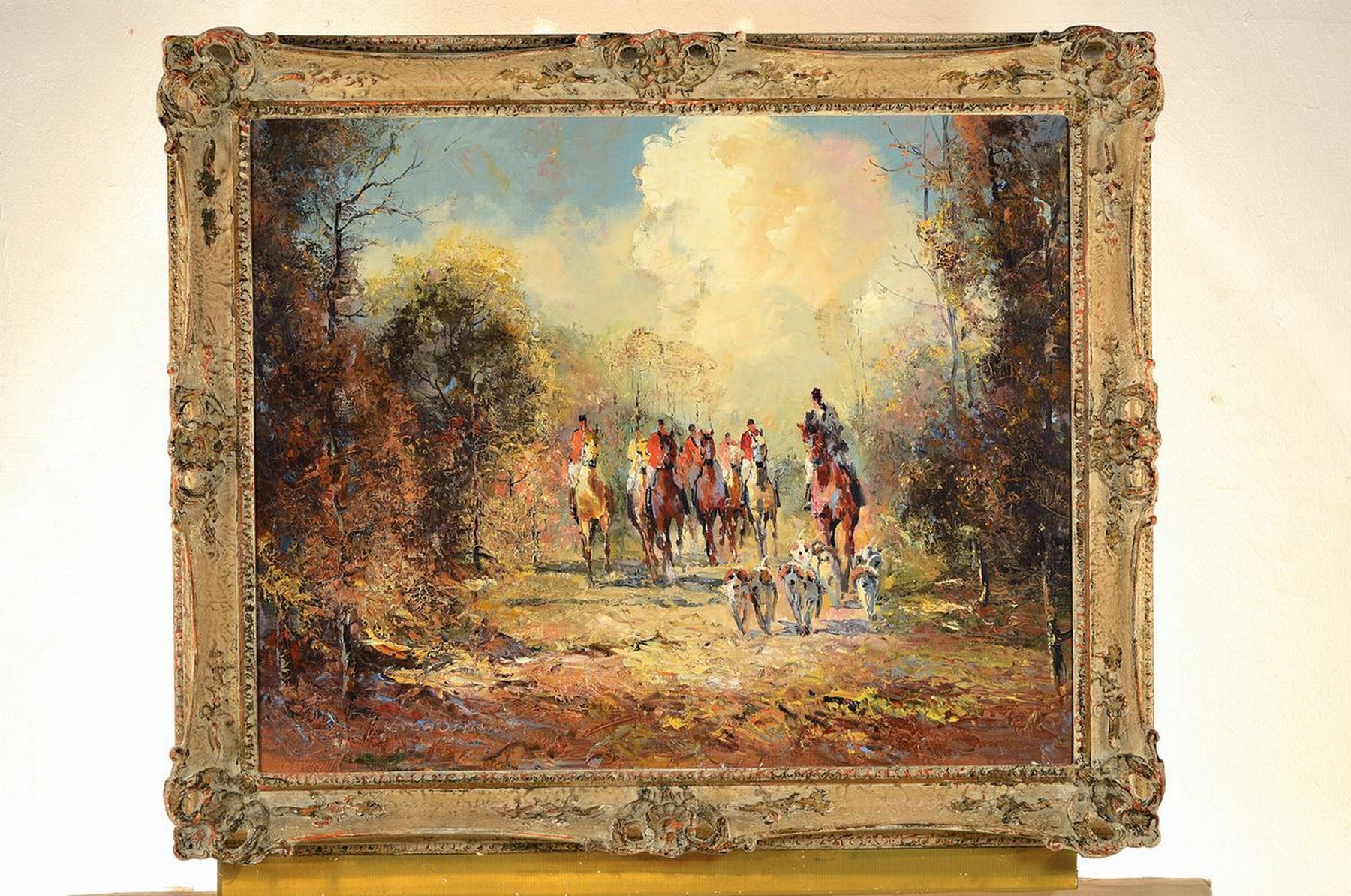 Detail k: Ludwig Gschossmann, 1894 Straßburg - 1988 Tegernsee, Parforcejagd, Öl/Lwd, signiert, rückseitig bezeichnet: "Herbstlicher Ausritt m. ...