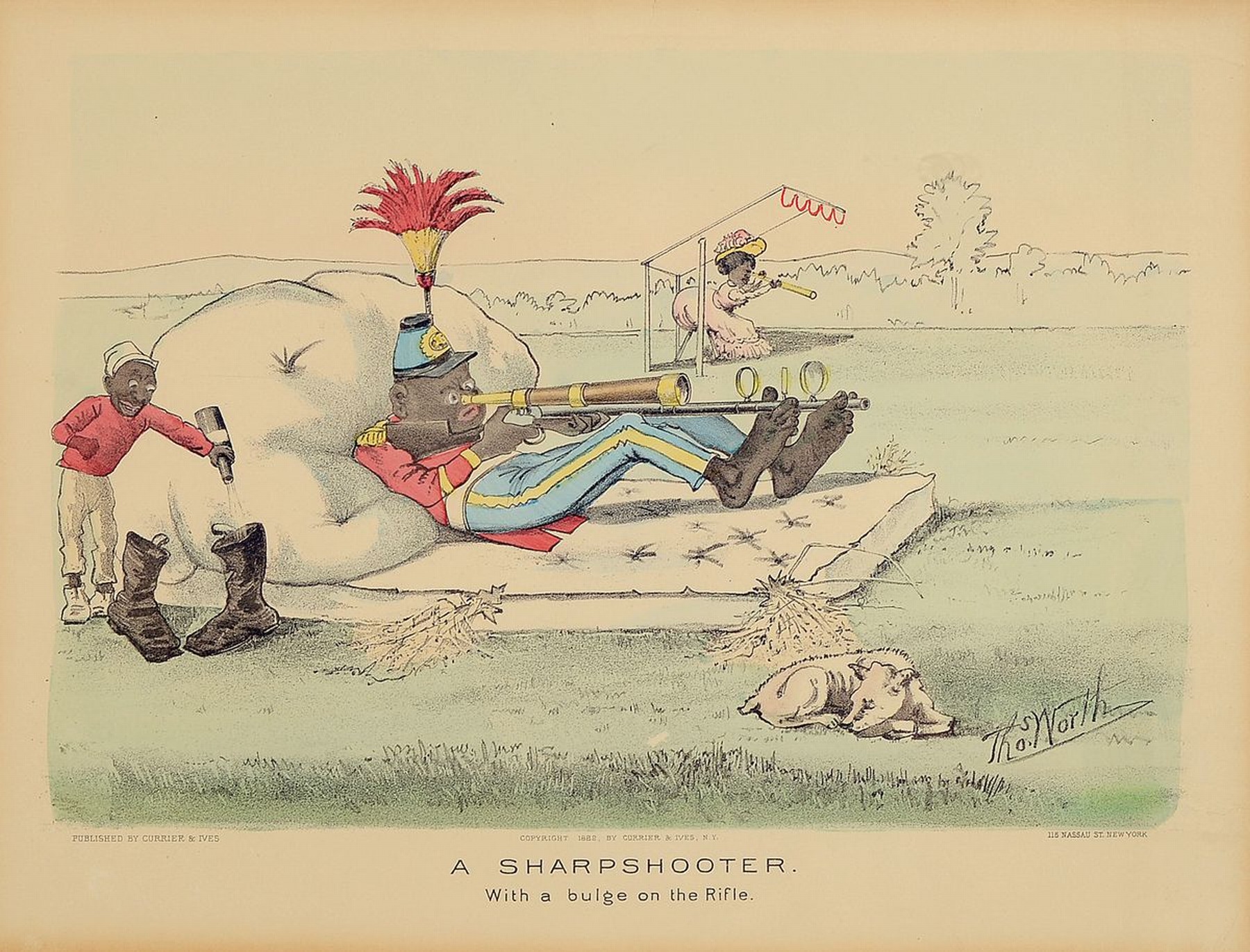 Detail c: Currier & Ives, Naussau St. New York, 1882, zwei Lithographien nach Tho.Worth: A Sharpshooter With a bulge on Rifle, zwei sich aufeinander beziehende ...