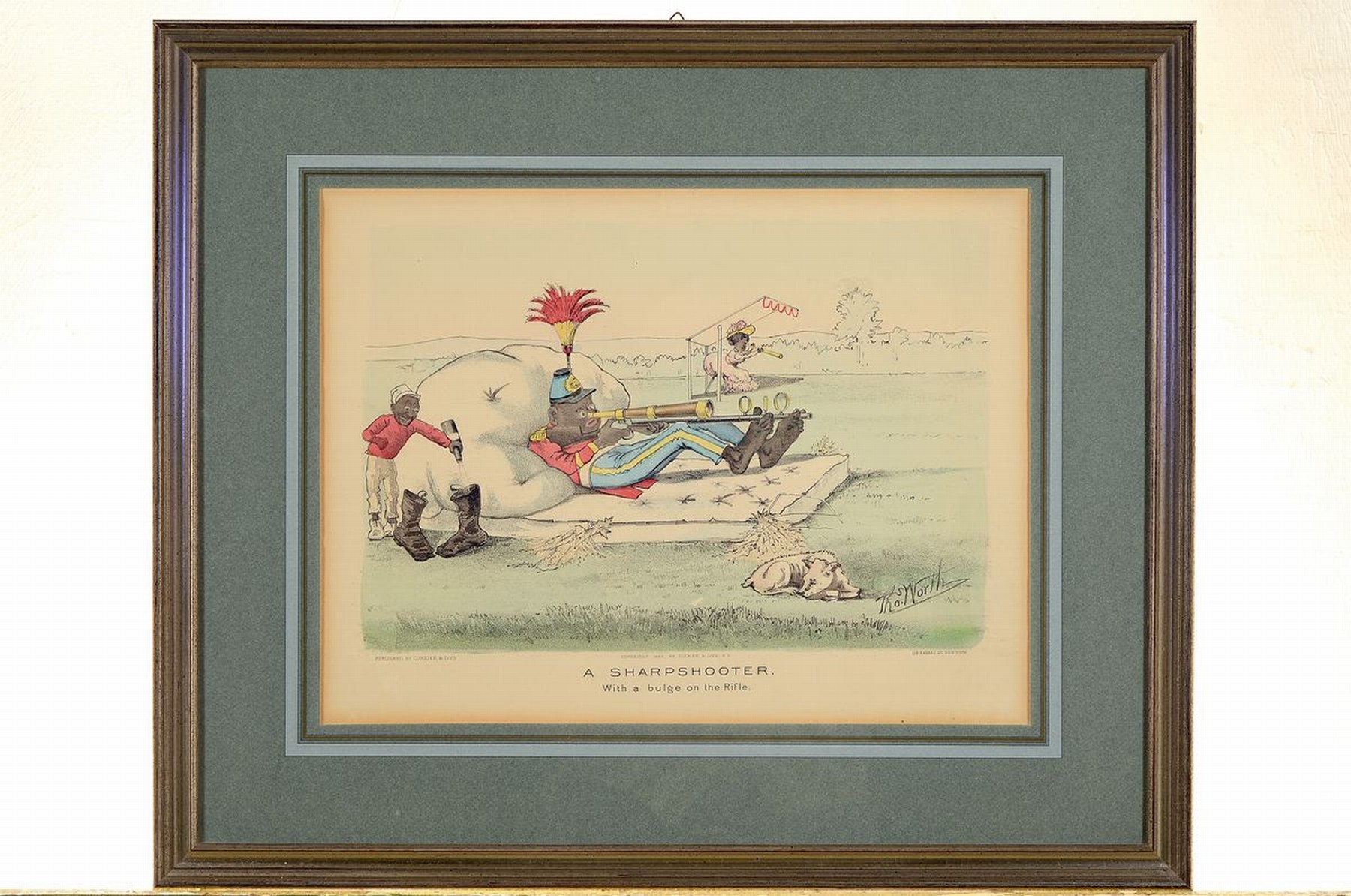 Detail l: Currier & Ives, Naussau St. New York, 1882, zwei Lithographien nach Tho.Worth: A Sharpshooter With a bulge on Rifle, zwei sich aufeinander beziehende ...
