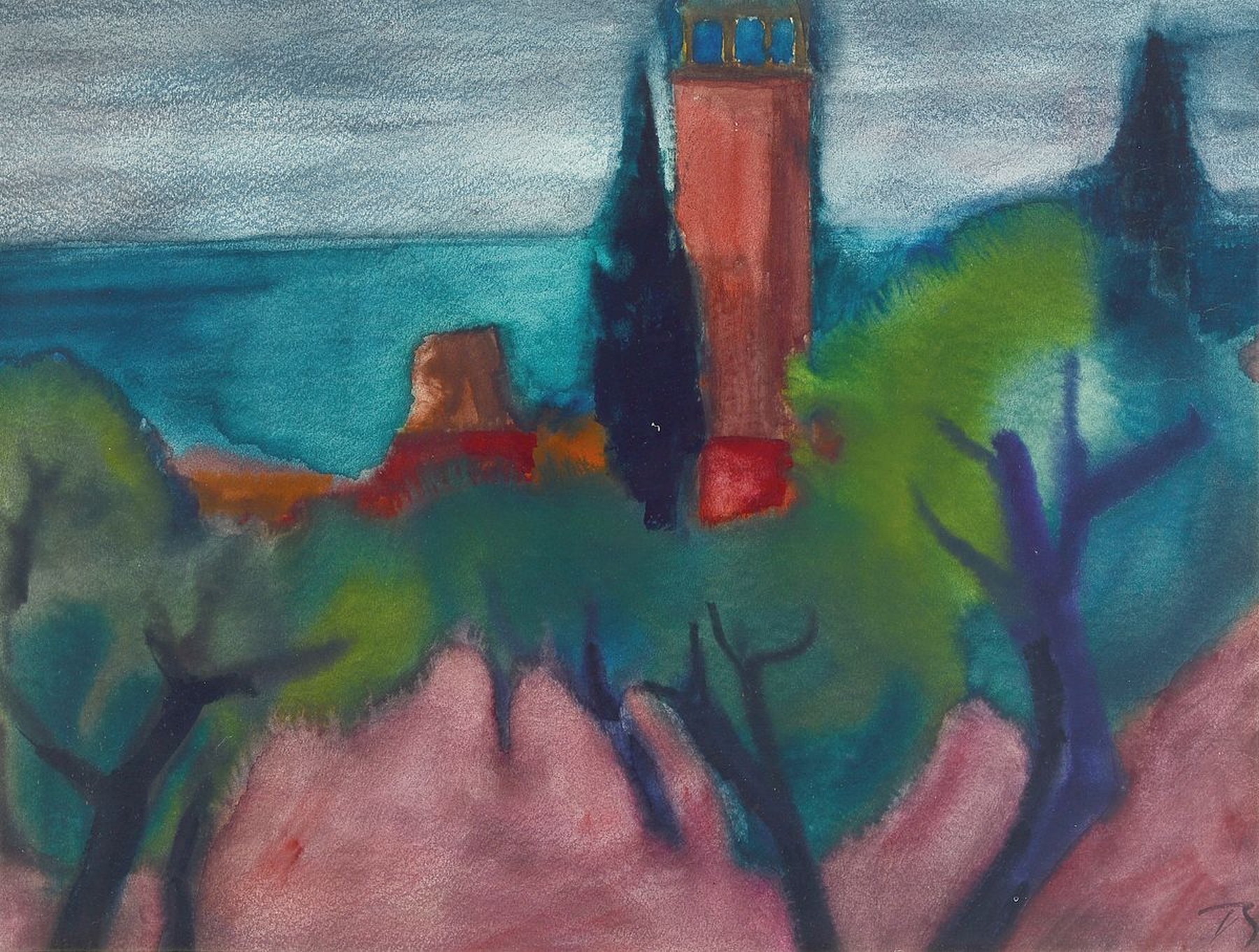 Herbert Beck, 1920 Leipzig, "südliche Landschaft", Aquarell/Papier, rückseitig auf Rahmen mit bezeichnetem Galerieetikett, re. u. ...