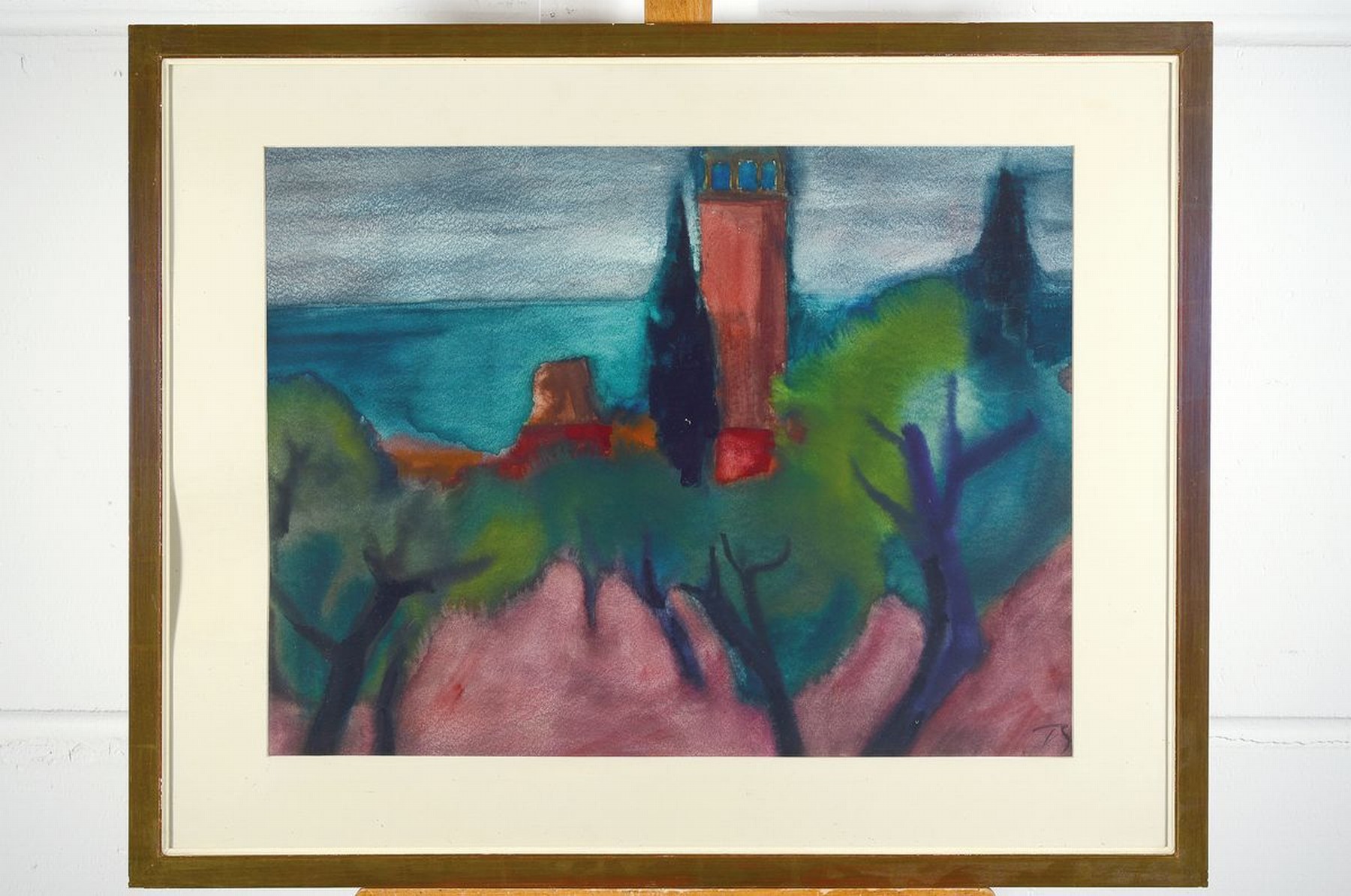 Detail k: Herbert Beck, 1920 Leipzig, "südliche Landschaft", Aquarell/Papier, rückseitig auf Rahmen mit bezeichnetem Galerieetikett, re. u. ...