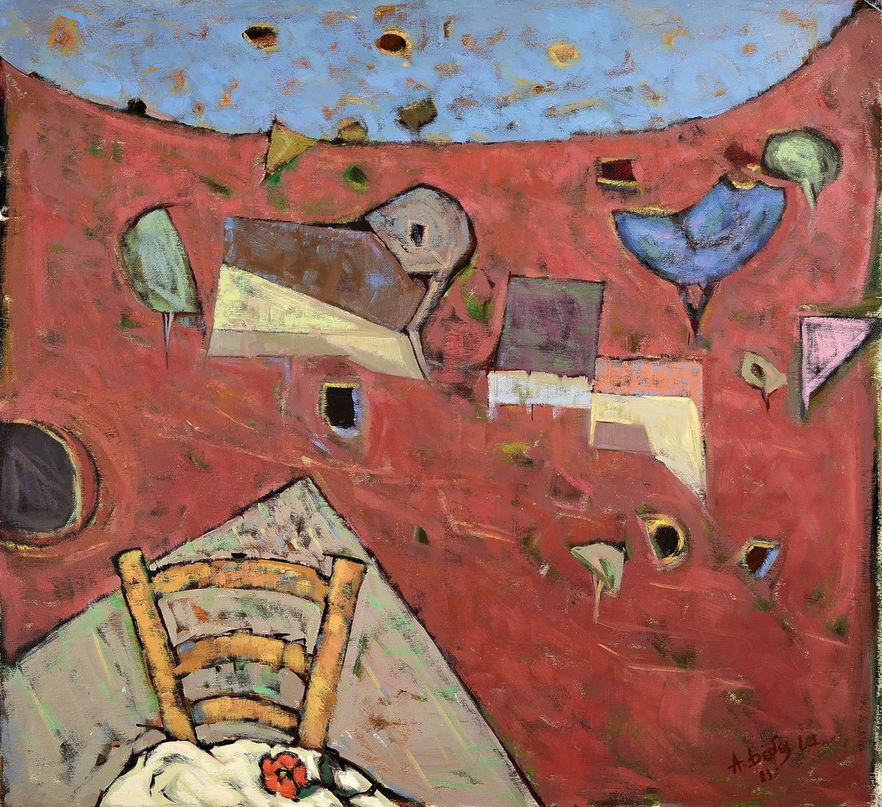 Apostolos Dedes, geb. 1937, griechischer Expressionist, mythologische Landschaft, Acryl/Lwd/Hartfaser, signiert und dat. 83, ca.74x81cm