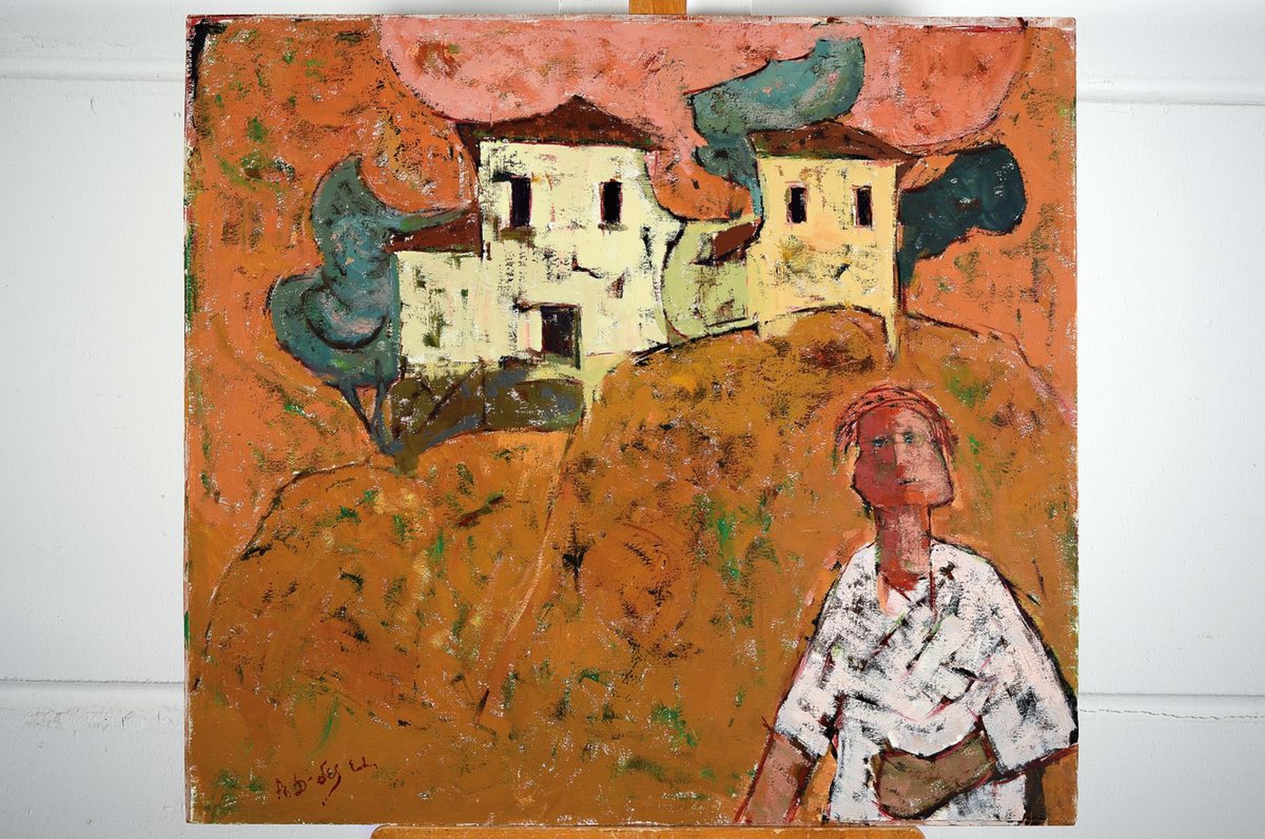 Detail k: Apostolos Dedes, geb. 1937, griechischer Expressionist,Person vor Gebäuden, Acryl/Lwd/Hartfaser, links unten und rückseitig signiert, ca. 73x80cm