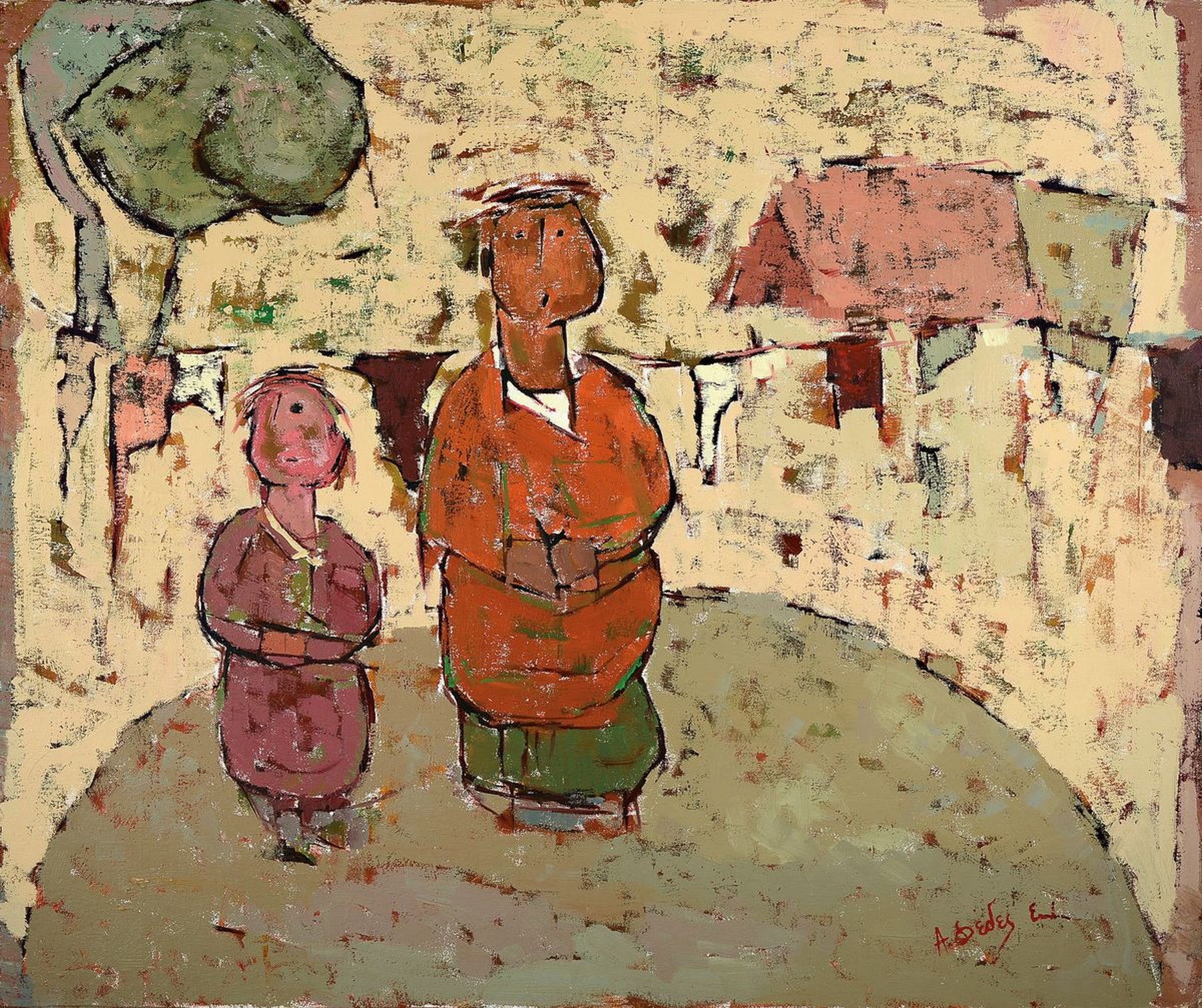 Apostolos Dedes, geb. 1937, griechischer Expressionist, Personen vor dem Dorf, Acryl/Lwd/Hartfaser, rechts unten signiert, ca. 73x86cm