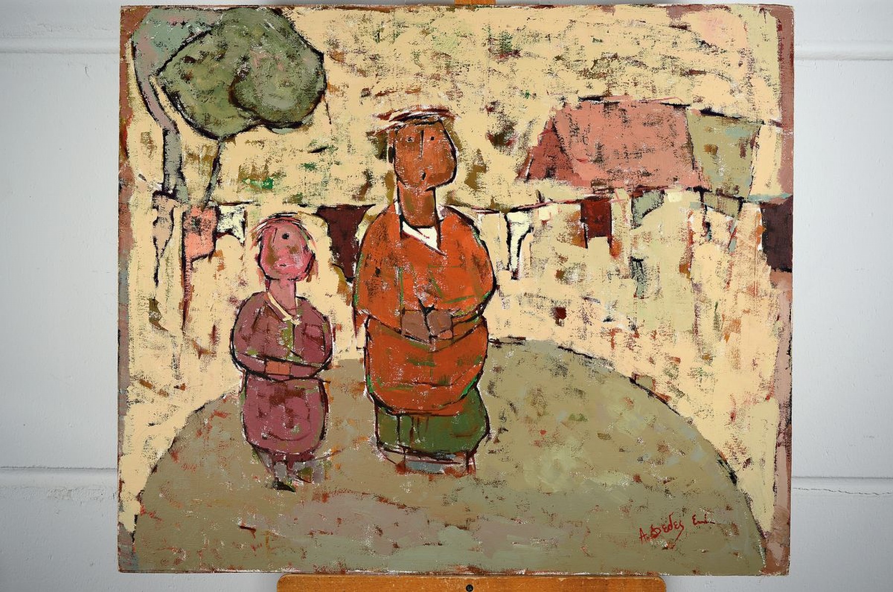 Detail k: Apostolos Dedes, geb. 1937, griechischer Expressionist, Personen vor dem Dorf, Acryl/Lwd/Hartfaser, rechts unten signiert, ca. 73x86cm