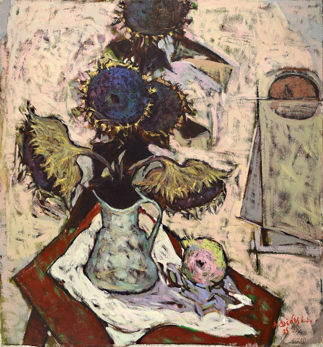 Apostolos Dedes, geb. 1937, griechischer Expressionist, Stillleben mit Sonnenblumen, Acryl/Lwd/Hartfaser, rechts unten signiert und dat. 85, ca. ...