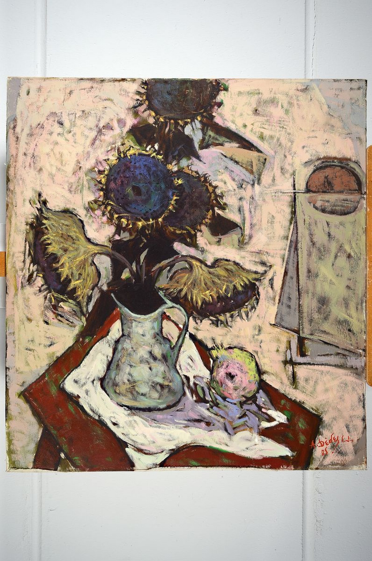 Detail k: Apostolos Dedes, geb. 1937, griechischer Expressionist, Stillleben mit Sonnenblumen, Acryl/Lwd/Hartfaser, rechts unten signiert und dat. 85, ca. ...