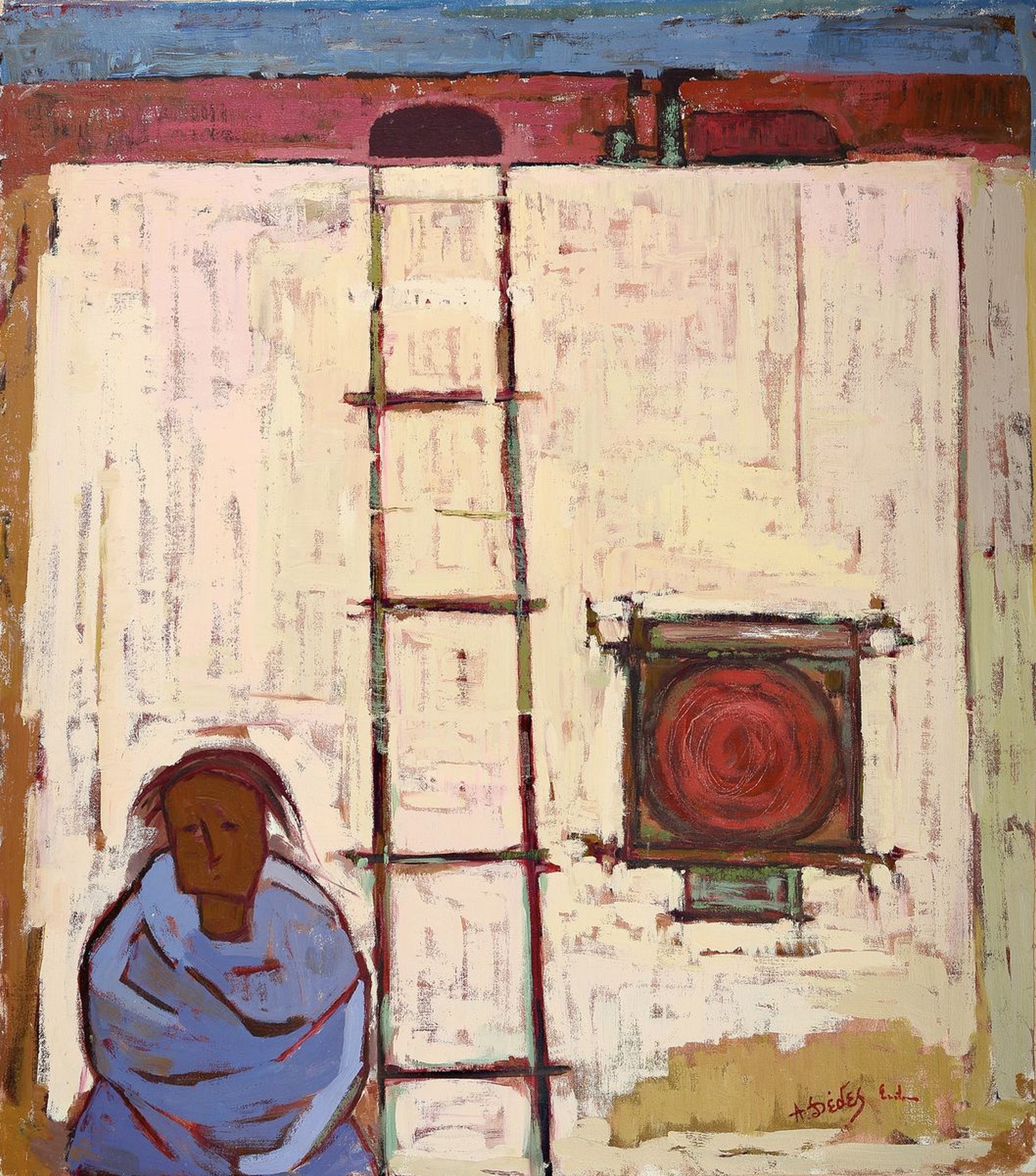 Apostolos Dedes, geb. 1937, griechischer Expressionist,Person vor einer Wand mit Leiter, Acryl/Lwd/Hartfaser, signiert rechts unten, ca. 87x76cm