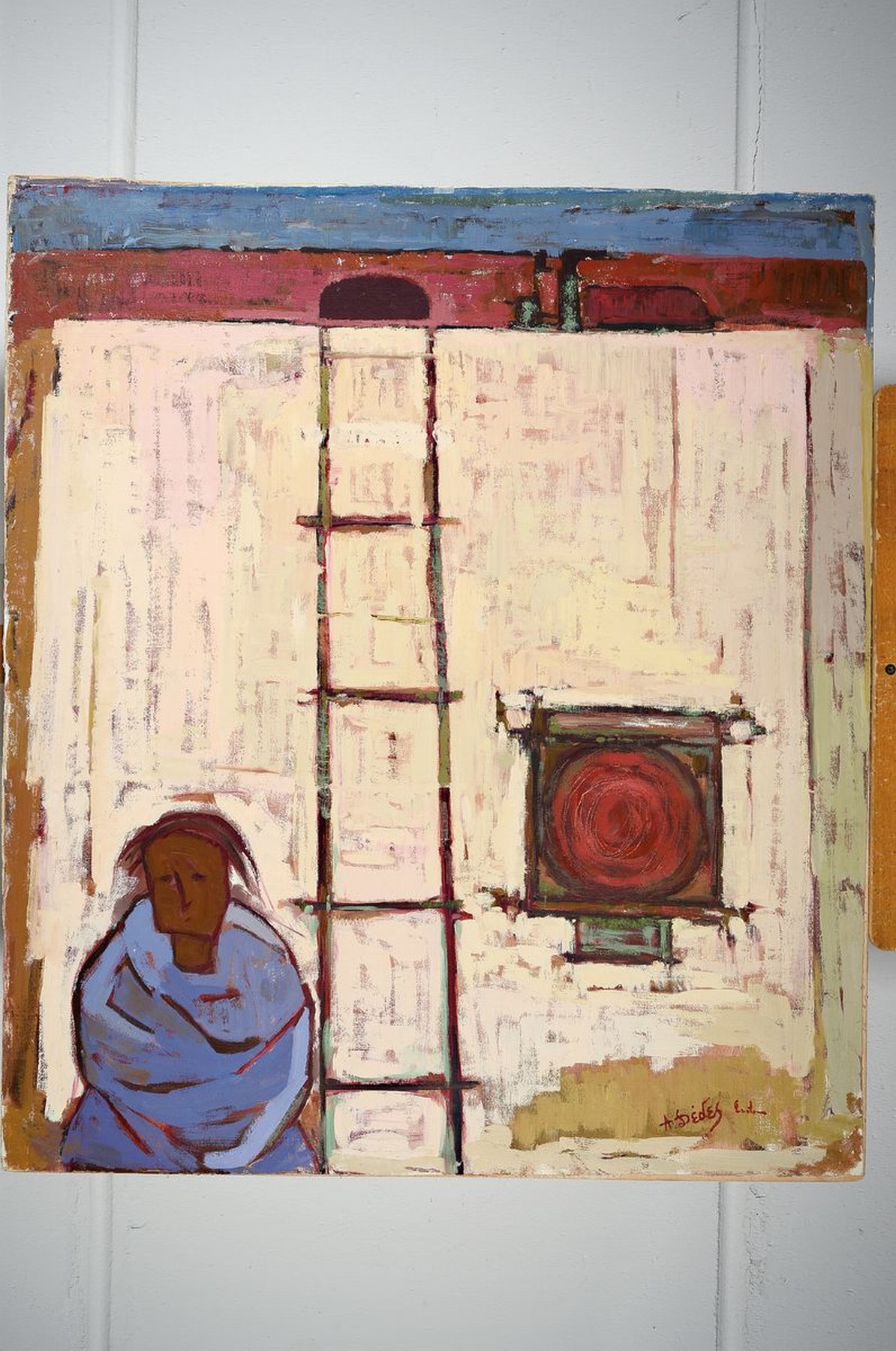 Detail k: Apostolos Dedes, geb. 1937, griechischer Expressionist,Person vor einer Wand mit Leiter, Acryl/Lwd/Hartfaser, signiert rechts unten, ca. 87x76cm