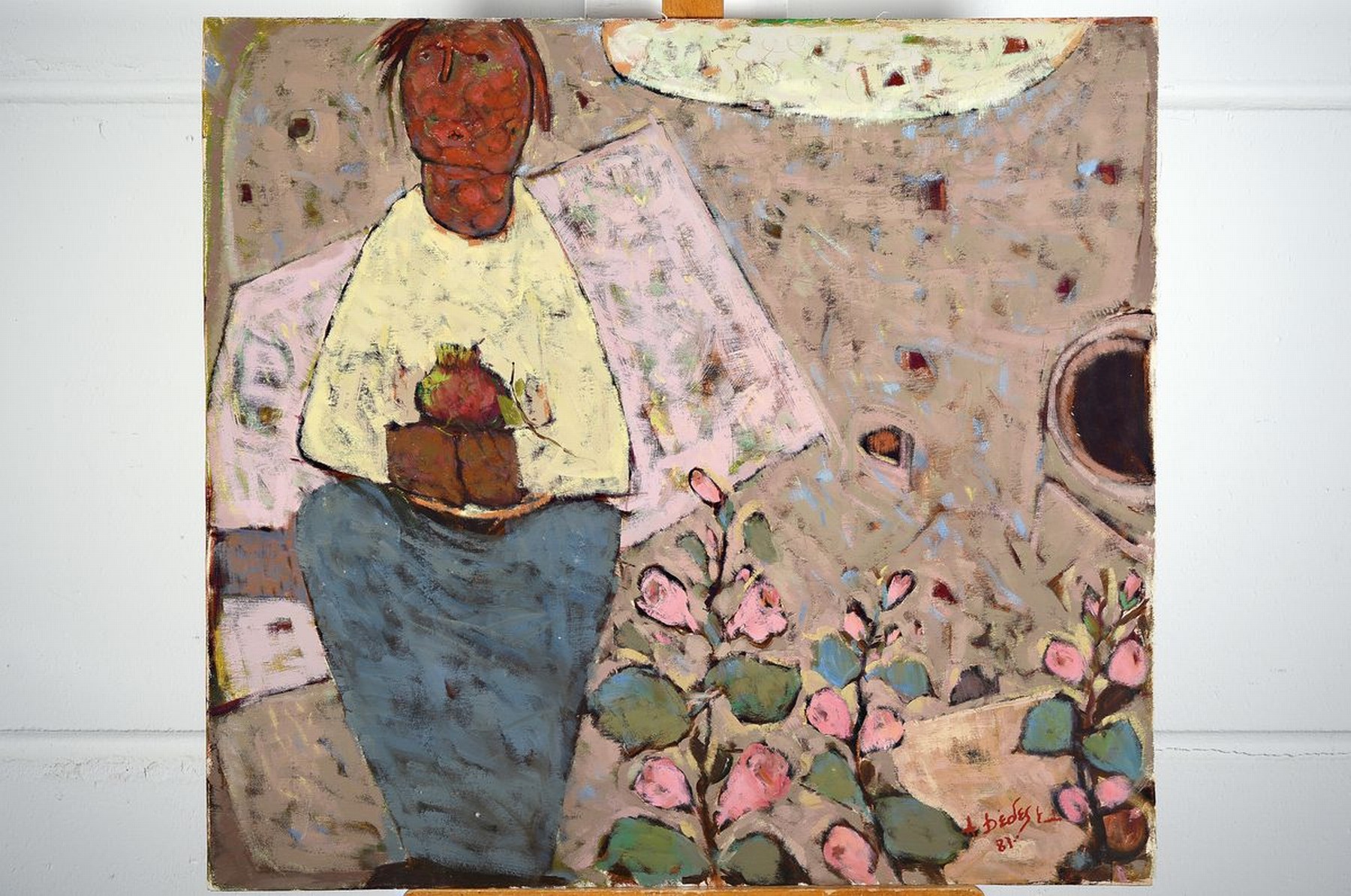 Detail k: Apostolos Dedes, geb. 1937, griechischer Expressionist,Stillleben mit Person und Blumen, Acryl/Lwd/Hartfaser, rechts unten signiert und dat. 87, ca. ...