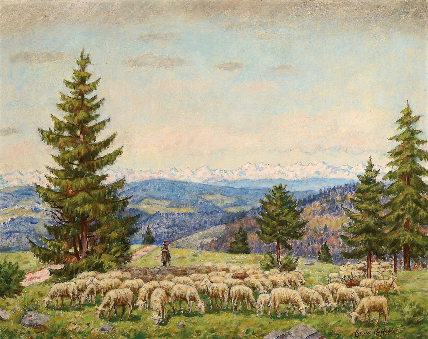 Erwin Pfefferle, 1880 Untermünstertal-1962, Studium an den Akademien München und Karlsruhe, hier: Schäfer mit seiner Herde in hügeliger ...
