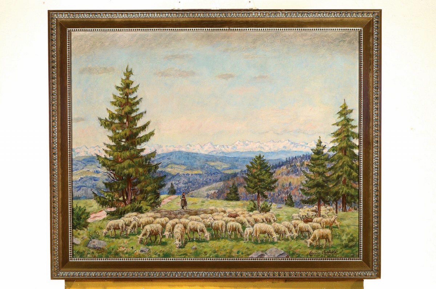 Detail k: Erwin Pfefferle, 1880 Untermünstertal-1962, Studium an den Akademien München und Karlsruhe, hier: Schäfer mit seiner Herde in hügeliger ...