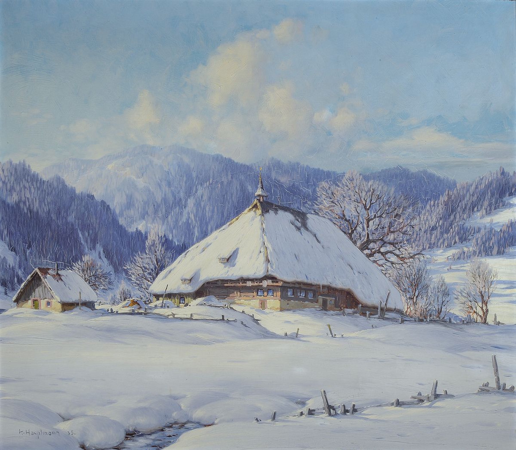 Karl Hauptmann, 1880 Freiburg im Breisgau-1947 Todtnau, verschneiter Bauernhof im Schwarzwald, rückseitig bez.: Lahr 9.Jan.1935,Öl/Holz, links ...